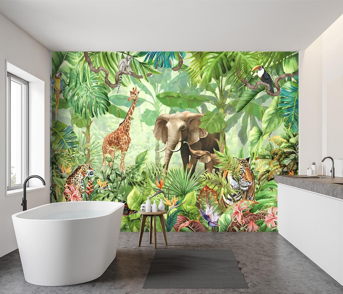 YIHWM -Green Rainforest Plants Animals Tiger Cloth Wallpaper Jungle Plants Banana Leaves Boys Girls Kindergarten Children's Room Large Mural- 91"x65"