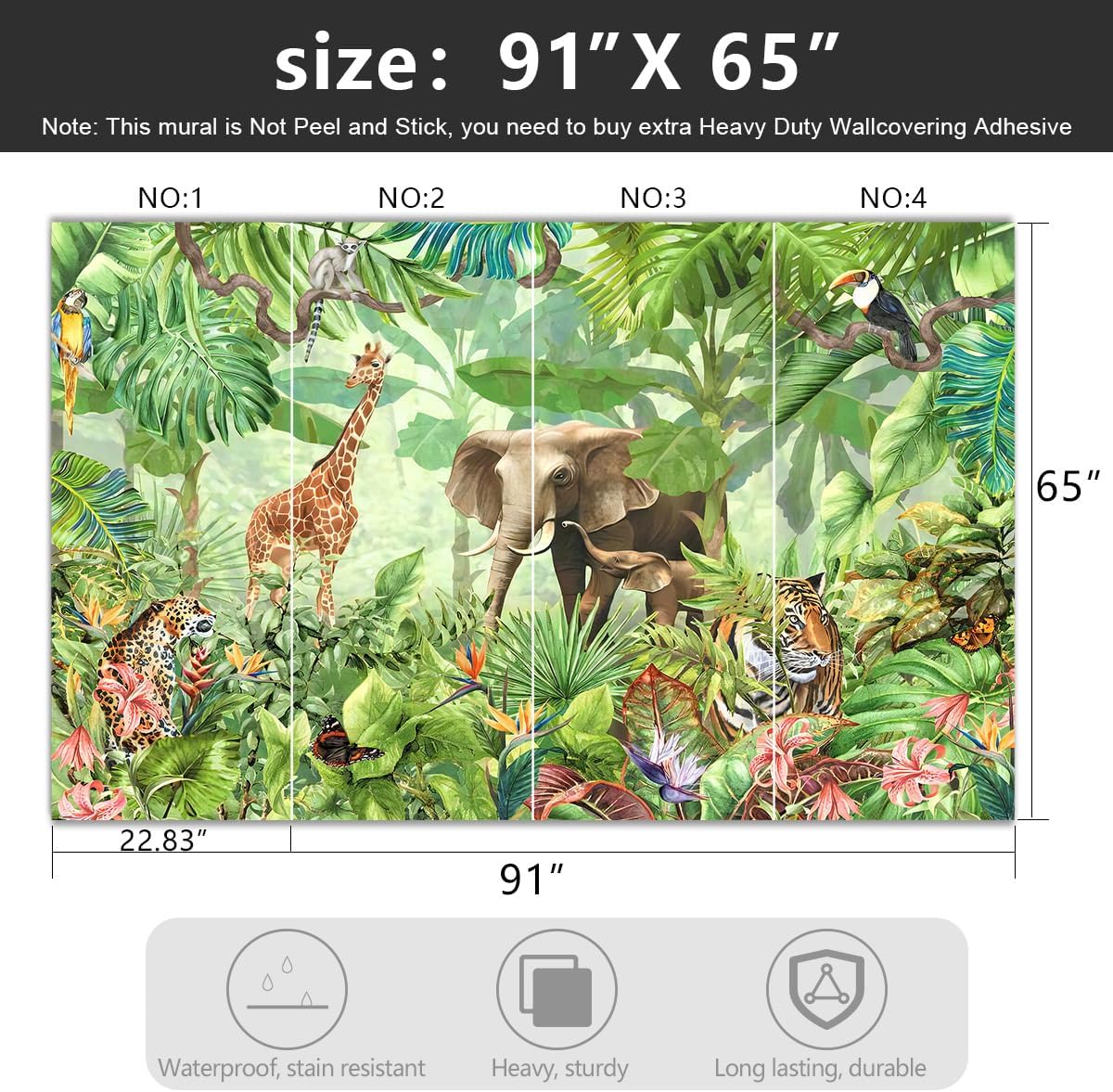 YIHWM -Green Rainforest Plants Animals Tiger Cloth Wallpaper Jungle Plants Banana Leaves Boys Girls Kindergarten Children's Room Large Mural- 91"x65"