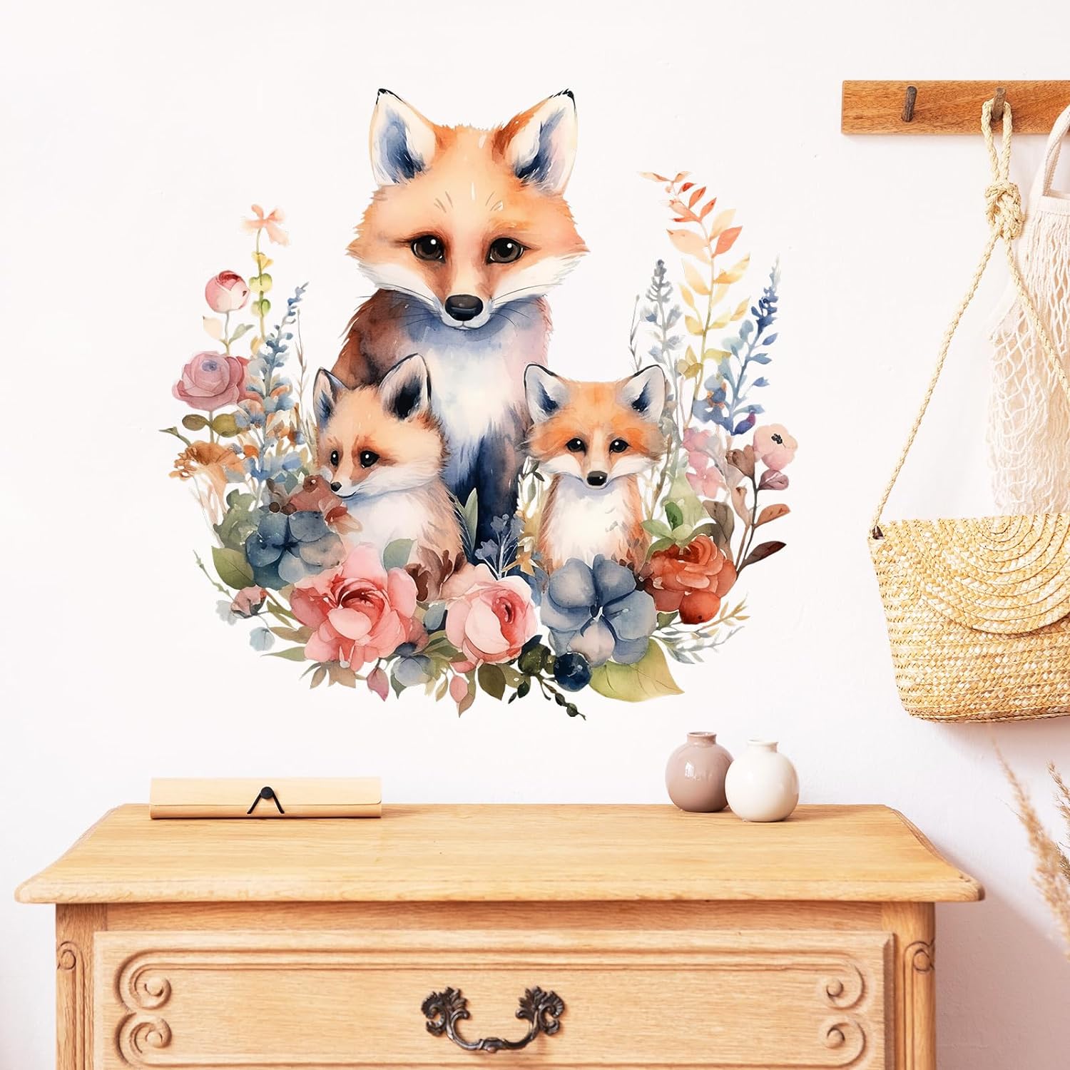 RoyoLam Watercolor Fox Family with Flowers Wall Decal Adorable Nursery Animal Wall Sticker Removable Waterproof Easy Peel and Stick Perfect for Kids Baby Room Classroom Living Room Bedroom Preschool