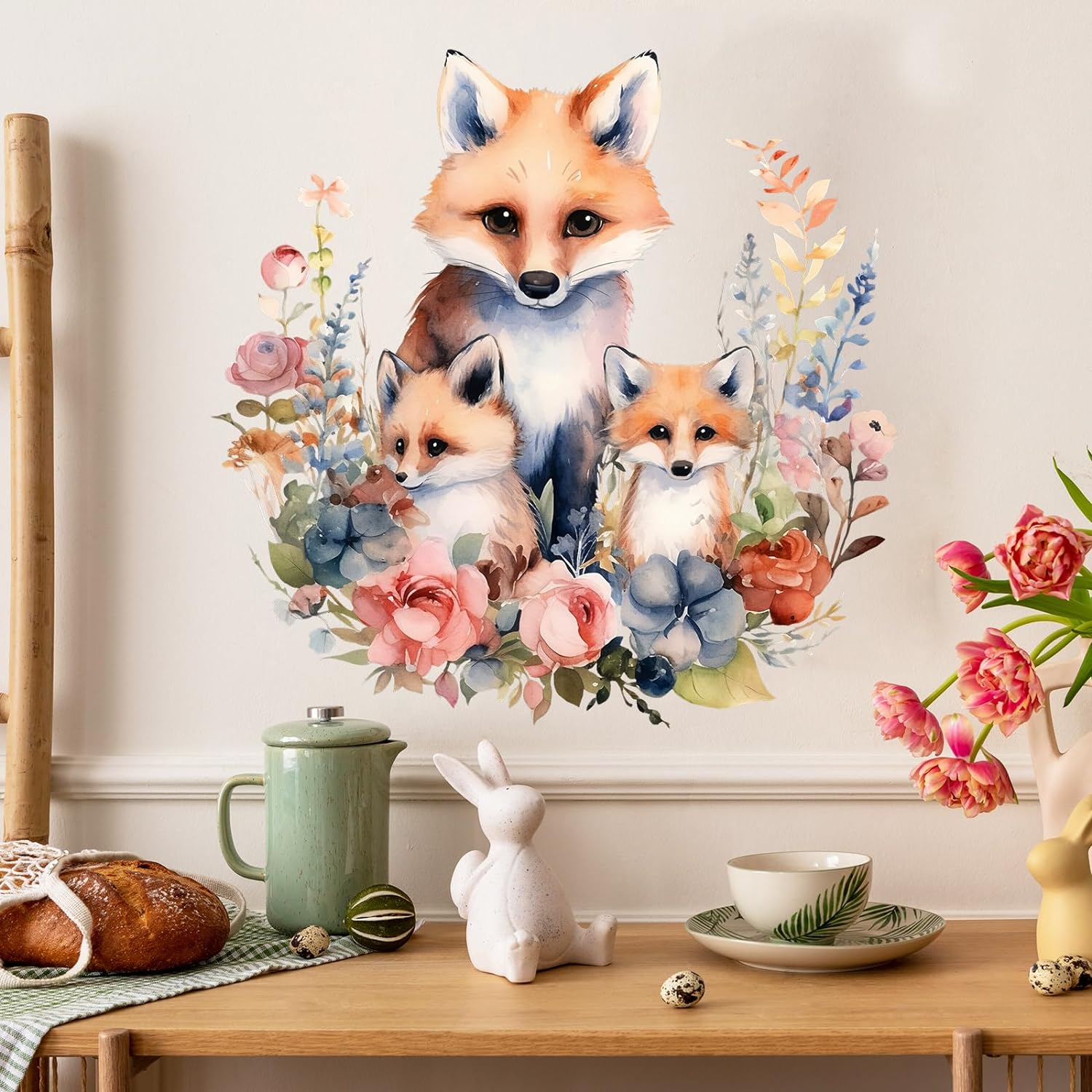 RoyoLam Watercolor Fox Family with Flowers Wall Decal Adorable Nursery Animal Wall Sticker Removable Waterproof Easy Peel and Stick Perfect for Kids Baby Room Classroom Living Room Bedroom Preschool