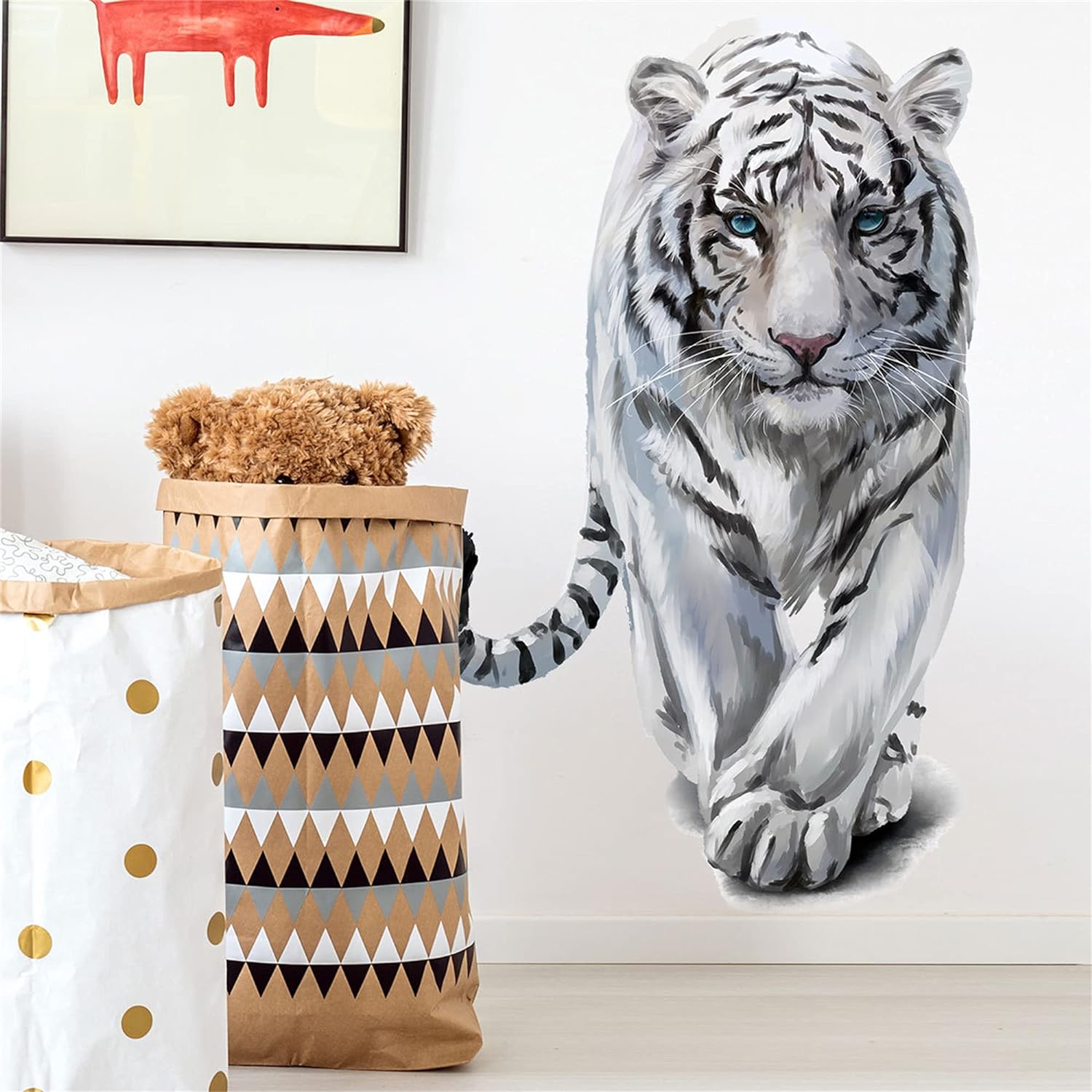 ROFARSO Lifelike Cool White Tiger Tropical Animal 3D Vinyl Wall Stickers Removable Wall Decals Art Decorations Decor for Bedroom Living Room Murals