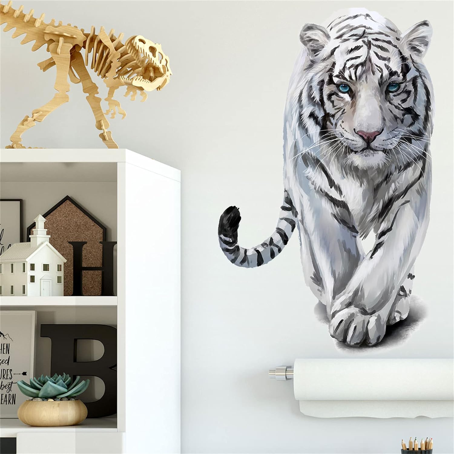 ROFARSO Lifelike Cool White Tiger Tropical Animal 3D Vinyl Wall Stickers Removable Wall Decals Art Decorations Decor for Bedroom Living Room Murals