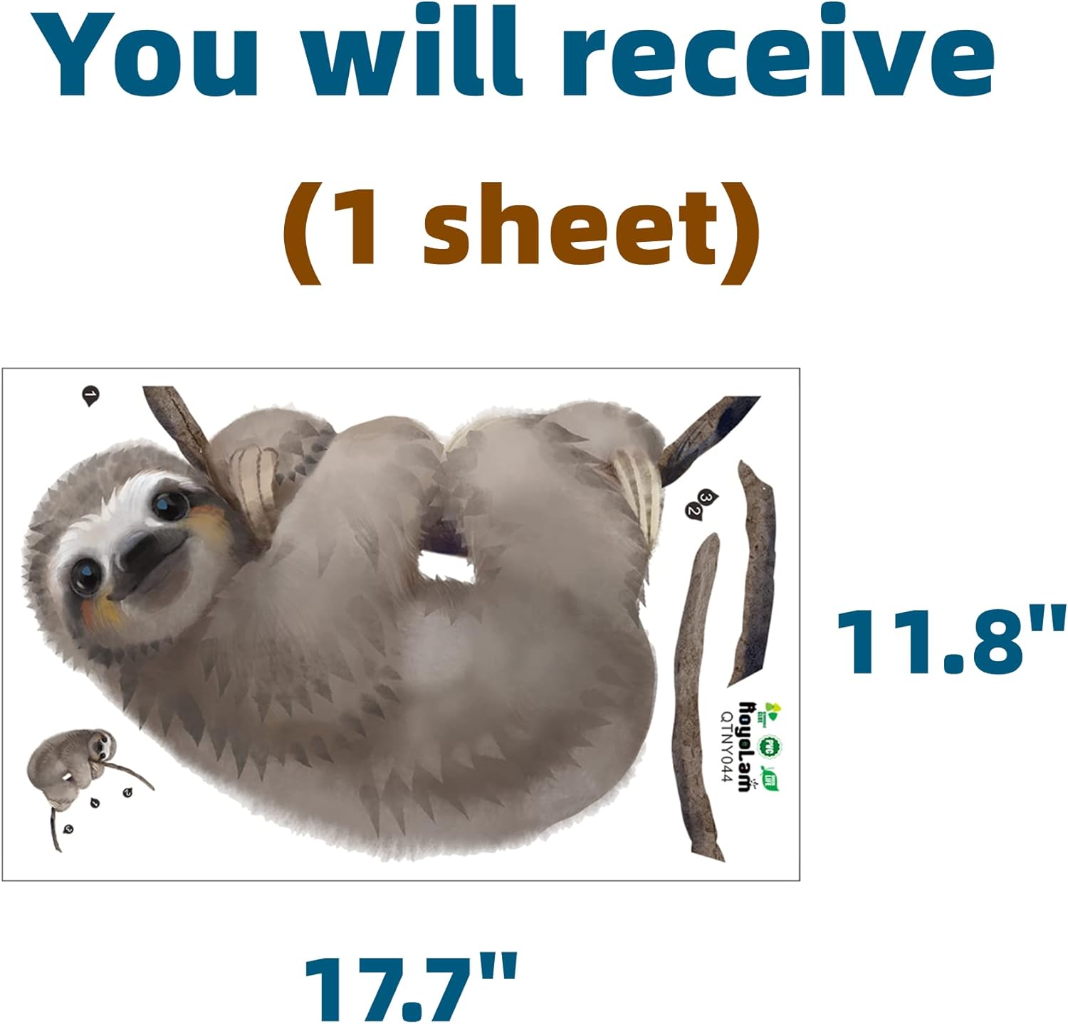 RoyoLam Little Sloth Wall Decal Nursery Animal Wall Sticker Removable Peel and Stick Waterproof Wall Art Decor Stickers for Kids Baby Classroom Living Room Playing Room Bedroom