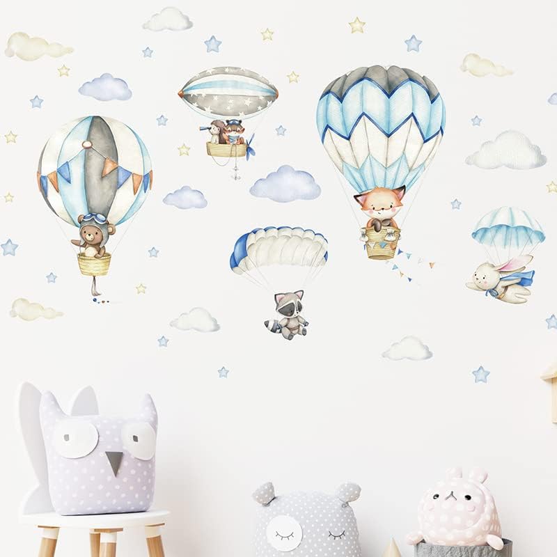 Yotdmk Cartoon Animal Wall Decals Panda Foxes on Hot Air Balloon Wall Stickers for Kids Room Baby Nursery Room Kindergarten Girls Boys Bedroom Stickers Decoration Vinyl Murals Wallpaper