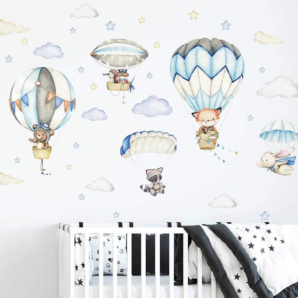 Yotdmk Cartoon Animal Wall Decals Panda Foxes on Hot Air Balloon Wall Stickers for Kids Room Baby Nursery Room Kindergarten Girls Boys Bedroom Stickers Decoration Vinyl Murals Wallpaper