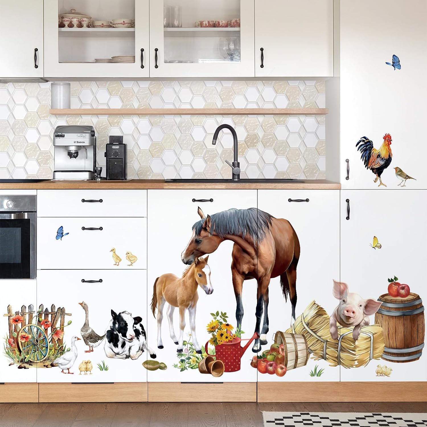 Farm Animals Horse Wall Stickers Farmhouse Cow Roosters Peel and Stick Wall Art Decals for Kitchen Living Room Bedroom