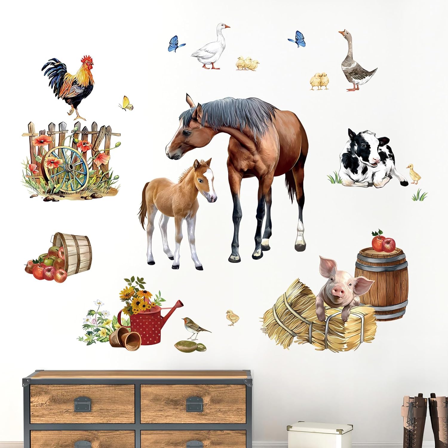 Farm Animals Horse Wall Stickers Farmhouse Cow Roosters Peel and Stick Wall Art Decals for Kitchen Living Room Bedroom