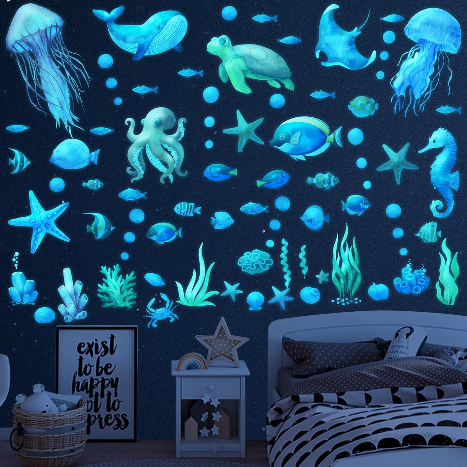 Ocean Fish Wall Decals,Glow in The Dark Under The Sea Wall Decals Sea Life Animals Wall Stickers Removable Waterproof Peel and Stick for Boys Kids Bathroom Watercolor Ocean Creatures Decor