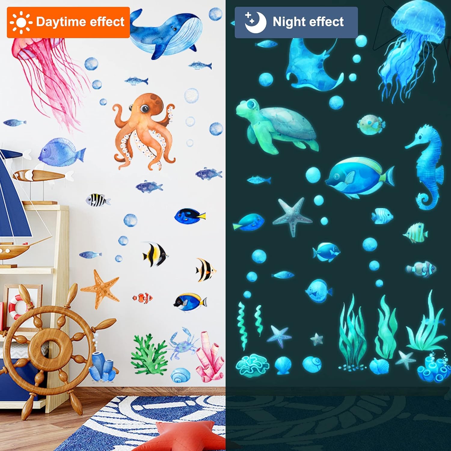 Ocean Fish Wall Decals,Glow in The Dark Under The Sea Wall Decals Sea Life Animals Wall Stickers Removable Waterproof Peel and Stick for Boys Kids Bathroom Watercolor Ocean Creatures Decor