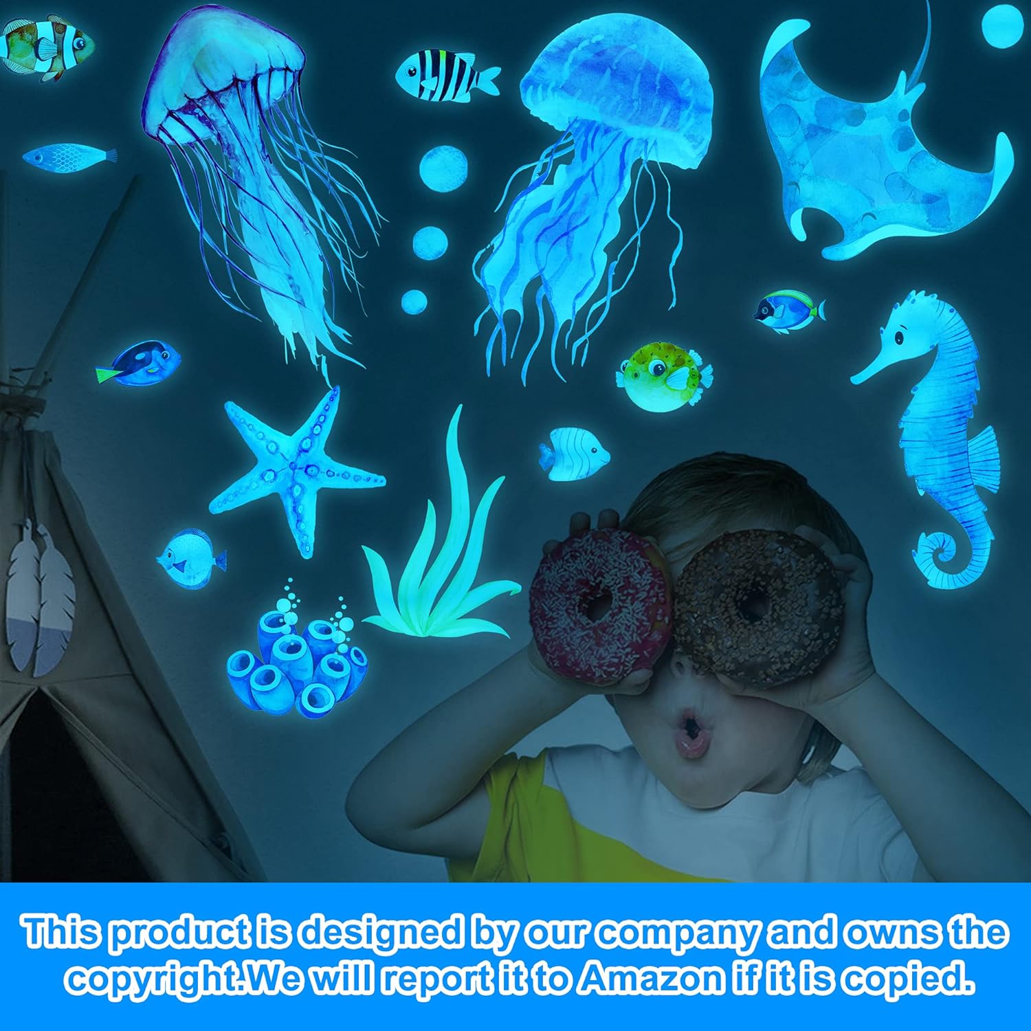 Ocean Fish Wall Decals,Glow in The Dark Under The Sea Wall Decals Sea Life Animals Wall Stickers Removable Waterproof Peel and Stick for Boys Kids Bathroom Watercolor Ocean Creatures Decor