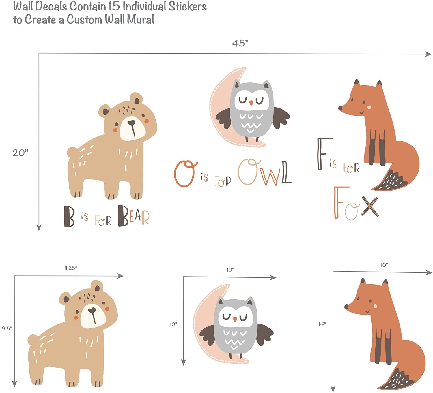 Bedtime Originals Animal Alphabet Beige Gray Bear Owl Fox Woodland Wall Decals