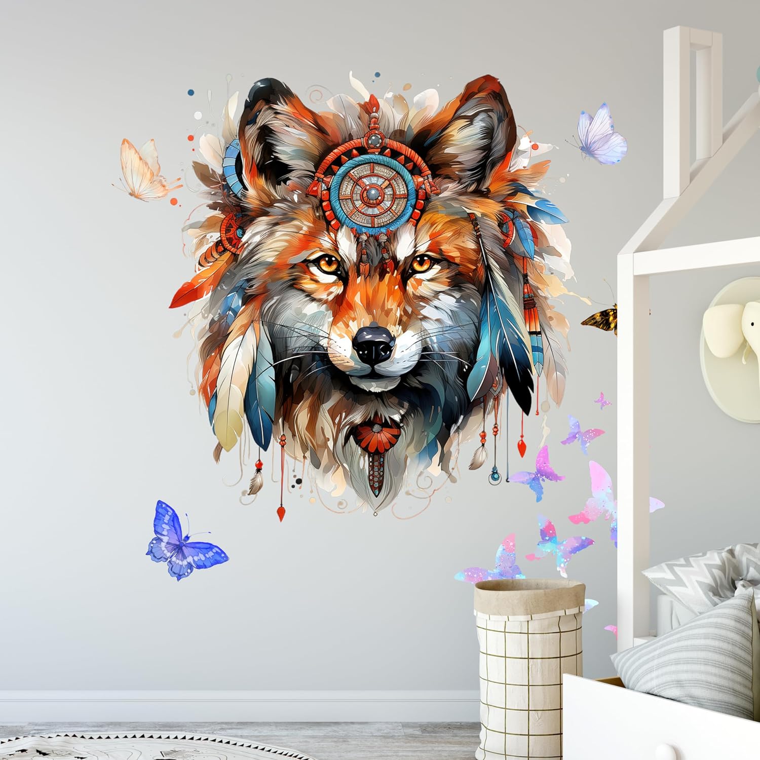 WAFT YEARN Fox and Butterfly Wall Decal, 2pcs Waterproof Vinyl Stickers for Kid's Room, Nursery, Living Room, Watercolor Animal Art, Indoor Decoration