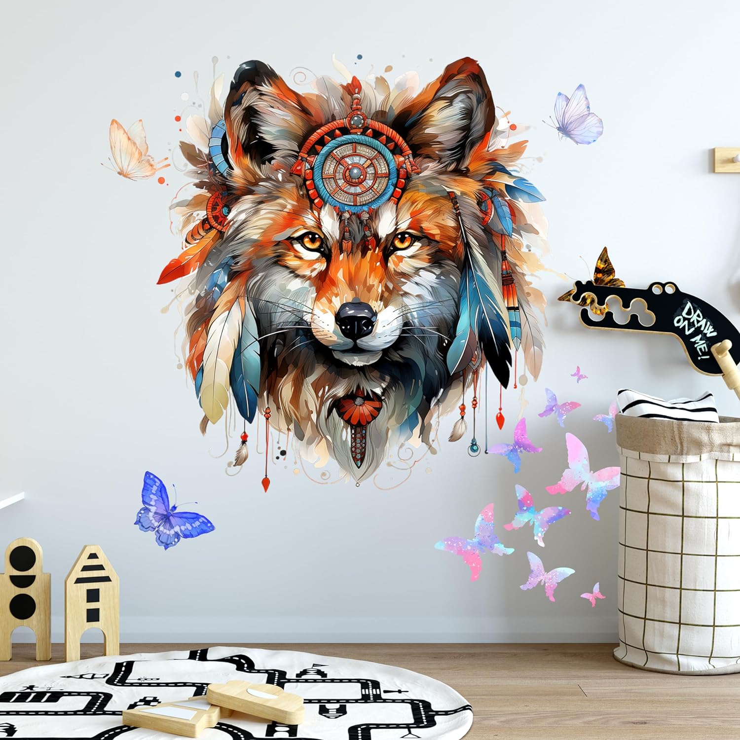 WAFT YEARN Fox and Butterfly Wall Decal, 2pcs Waterproof Vinyl Stickers for Kid's Room, Nursery, Living Room, Watercolor Animal Art, Indoor Decoration
