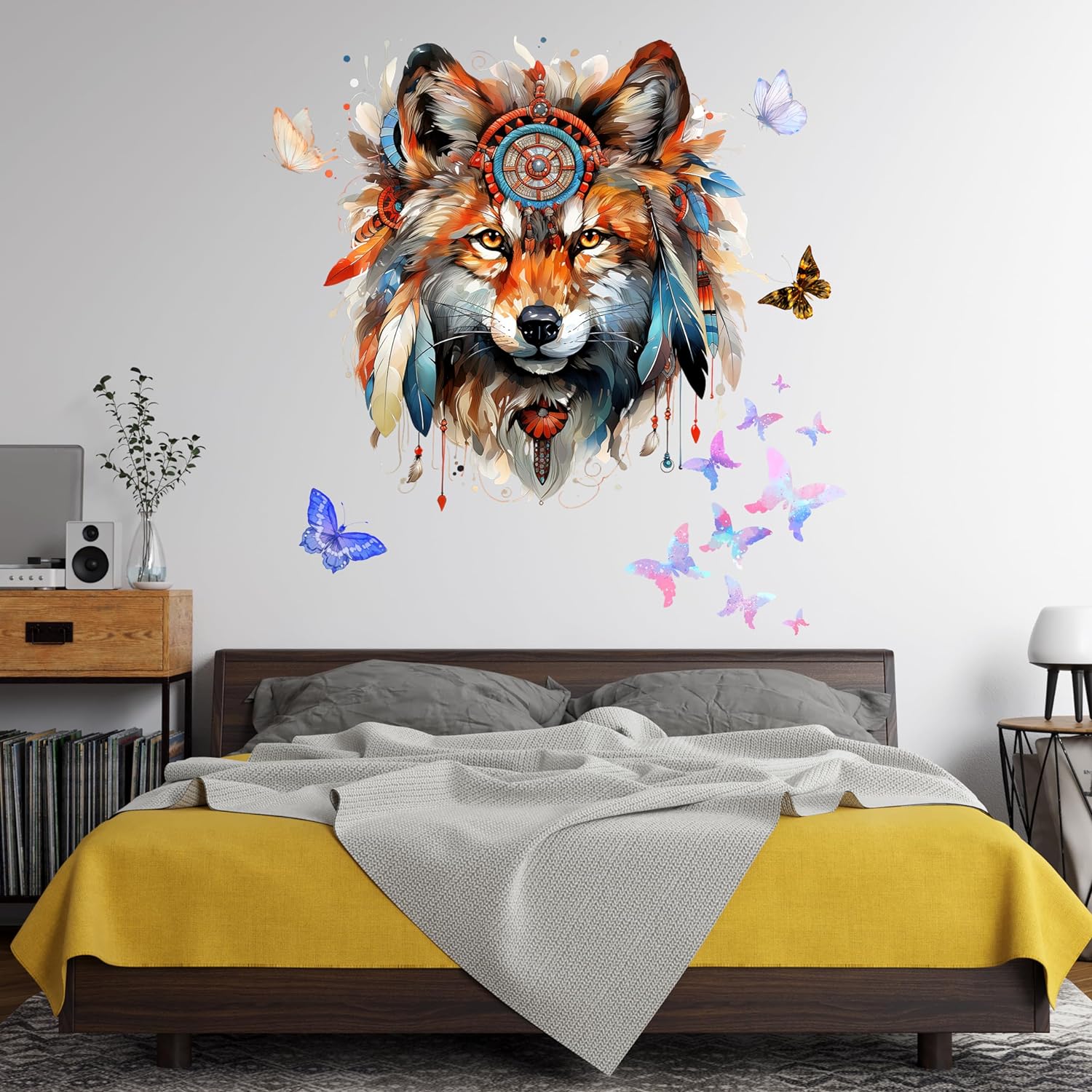 WAFT YEARN Fox and Butterfly Wall Decal, 2pcs Waterproof Vinyl Stickers for Kid's Room, Nursery, Living Room, Watercolor Animal Art, Indoor Decoration