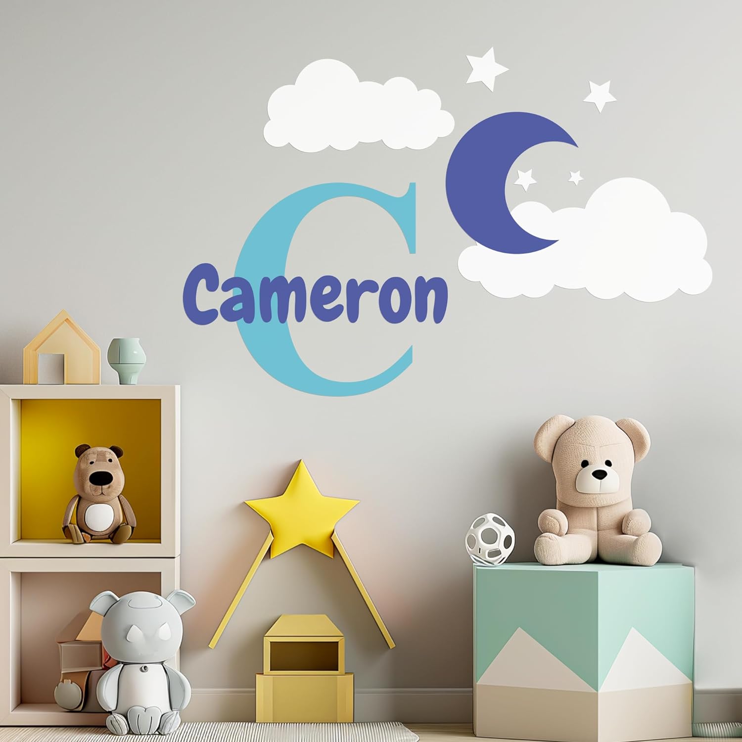 Personalized Name Decal for Bedroom Decor of Moon, Clouds and Stars I Custom Name for Your Baby Room Decoration I Nursery Decor for Girls & Boys I Custom Stickers for Nursery Wall Decor