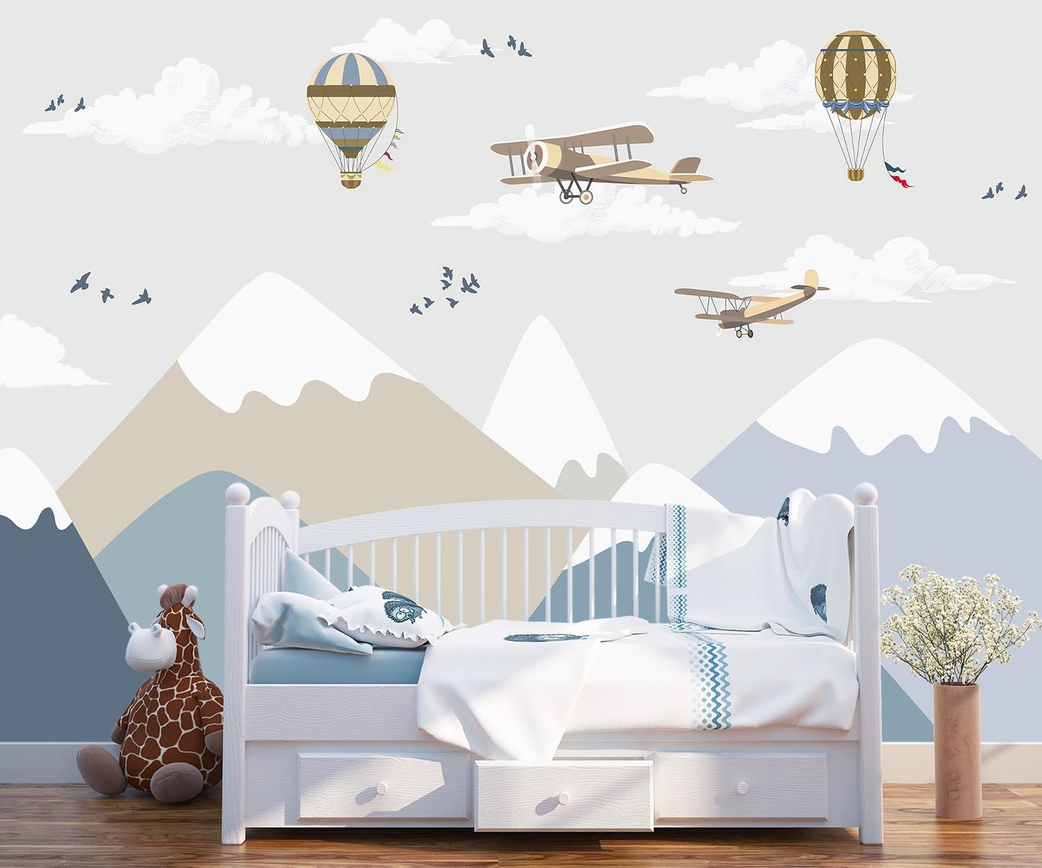 Children's Room Cartoon Balloon Mountain Fabric Wallpaper Nursery Mural 100 x 65 (Not Peel and Stick)
