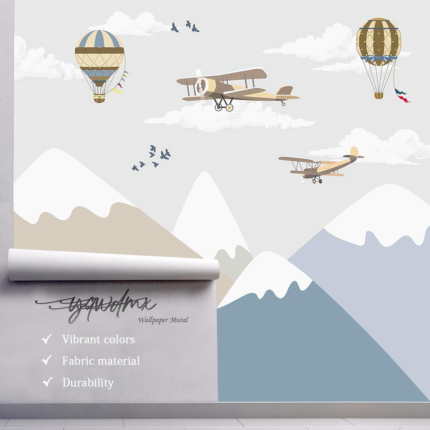 Children's Room Cartoon Balloon Mountain Fabric Wallpaper Nursery Mural 100 x 65 (Not Peel and Stick)