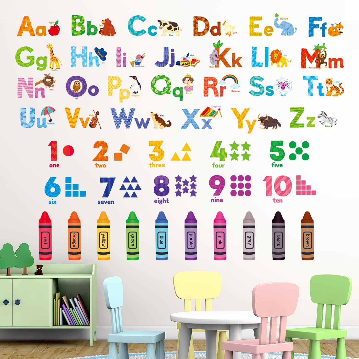 Animal Alphabet Numbers Colour Decals Stickers Kids Peel and Stick Removable for Room décor Letters ABC Classroom playroom Decorations Educational Bedroom Nursery