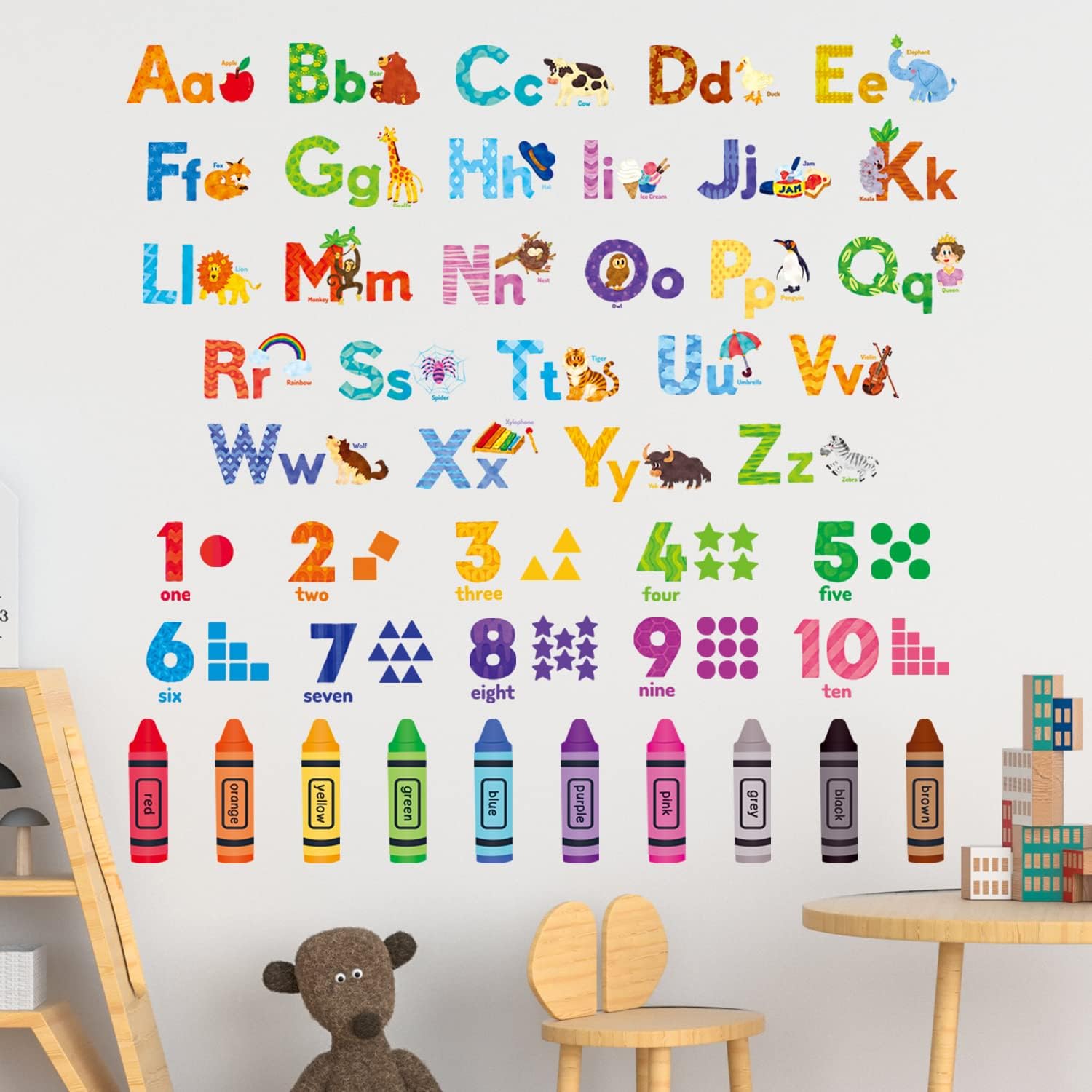 Animal Alphabet Numbers Colour Decals Stickers Kids Peel and Stick Removable for Room décor Letters ABC Classroom playroom Decorations Educational Bedroom Nursery