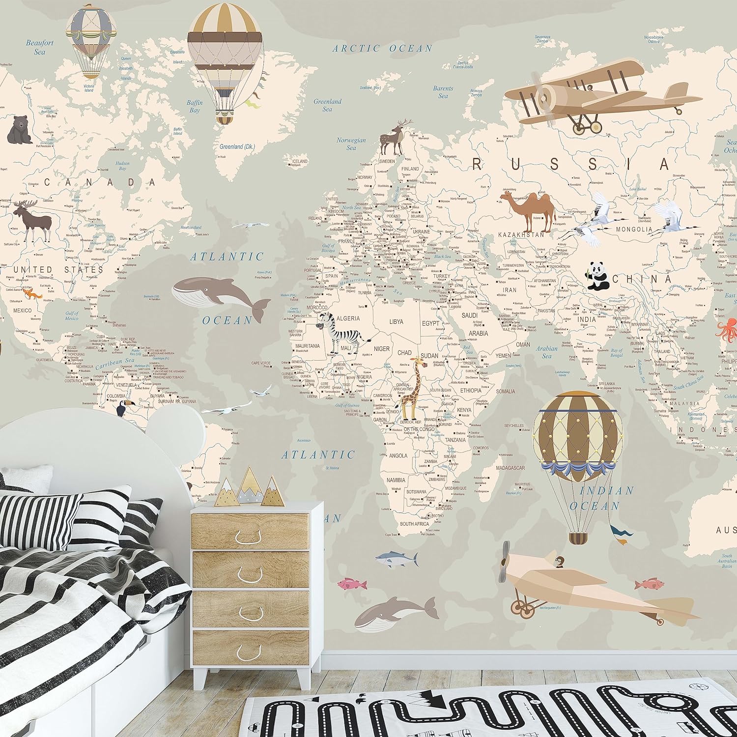 Kids Room Wallpaper – World Map Wallpaper with Animals - Nursery Wallpaper Peel and Stick – Kids Wall Murals Removable for Girls Boys Baby – Wall Decal Stickers Waterproof Self Adhesive