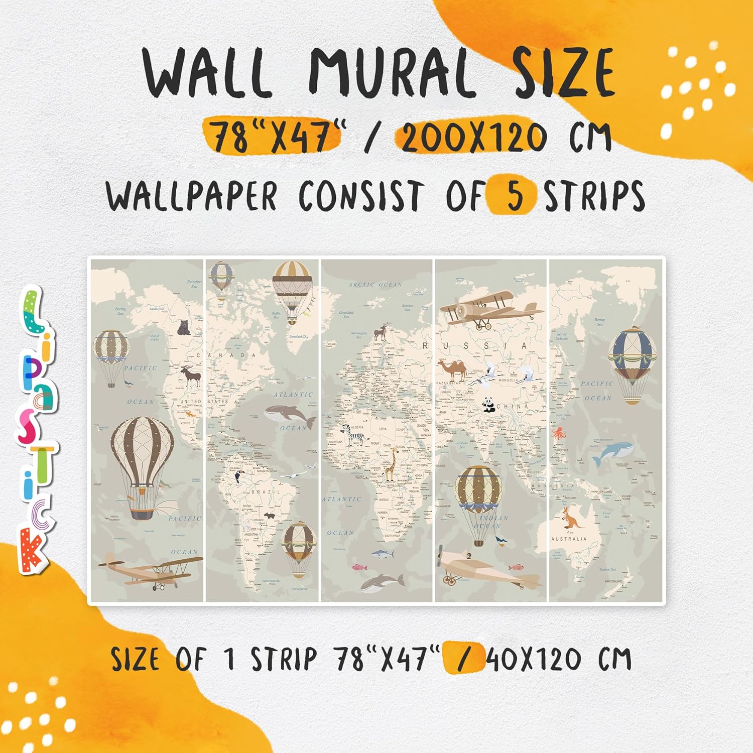 Kids Room Wallpaper – World Map Wallpaper with Animals - Nursery Wallpaper Peel and Stick – Kids Wall Murals Removable for Girls Boys Baby – Wall Decal Stickers Waterproof Self Adhesive