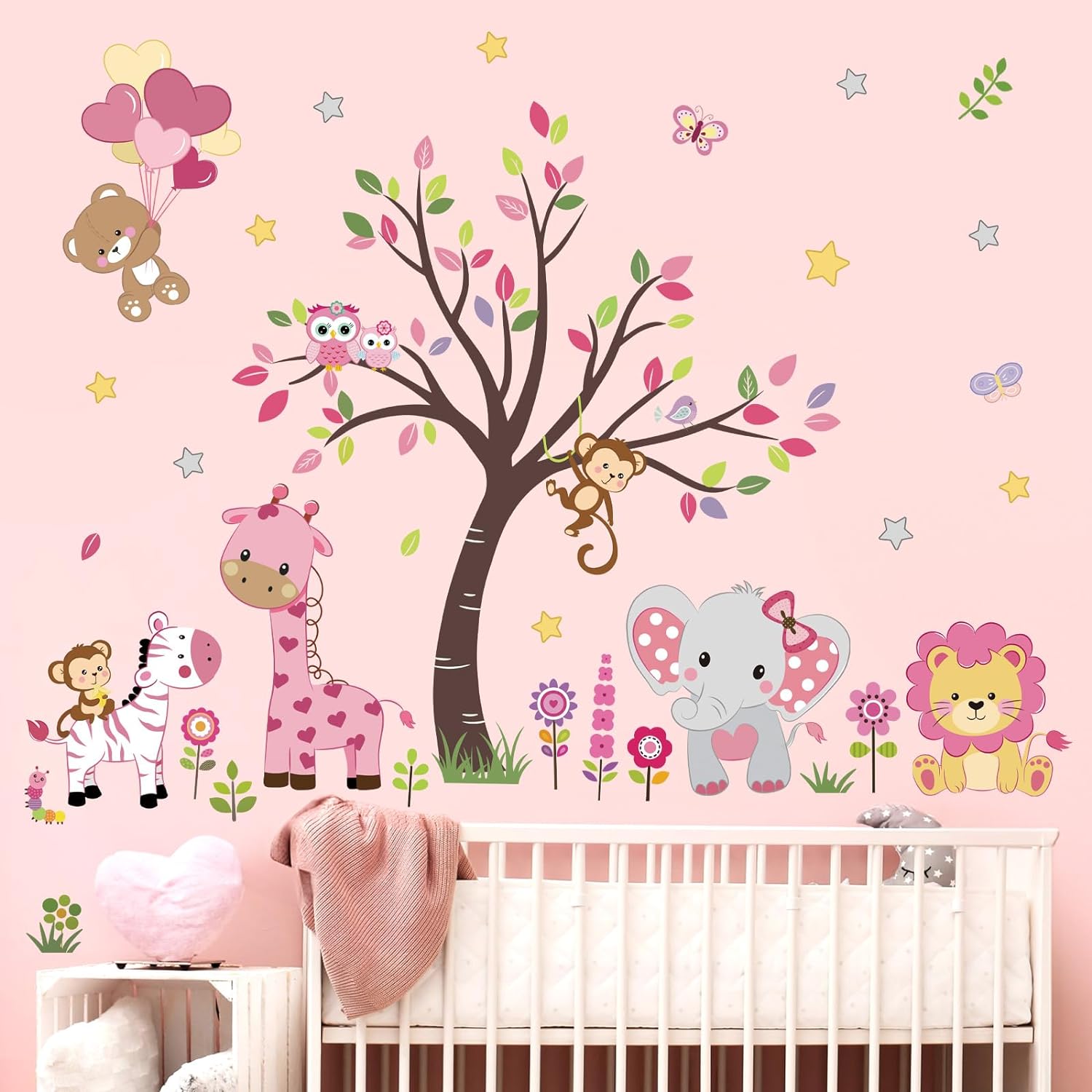 Pink Animal Tree Wall Decals Forest Lion Elephant Monkey Wall Stickers Girls Bedroom Baby Nursery Wall Decor