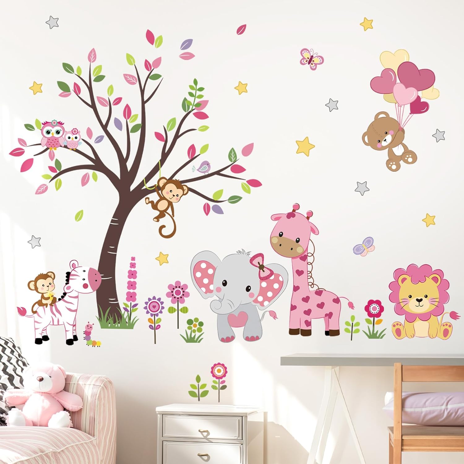 Pink Animal Tree Wall Decals Forest Lion Elephant Monkey Wall Stickers Girls Bedroom Baby Nursery Wall Decor
