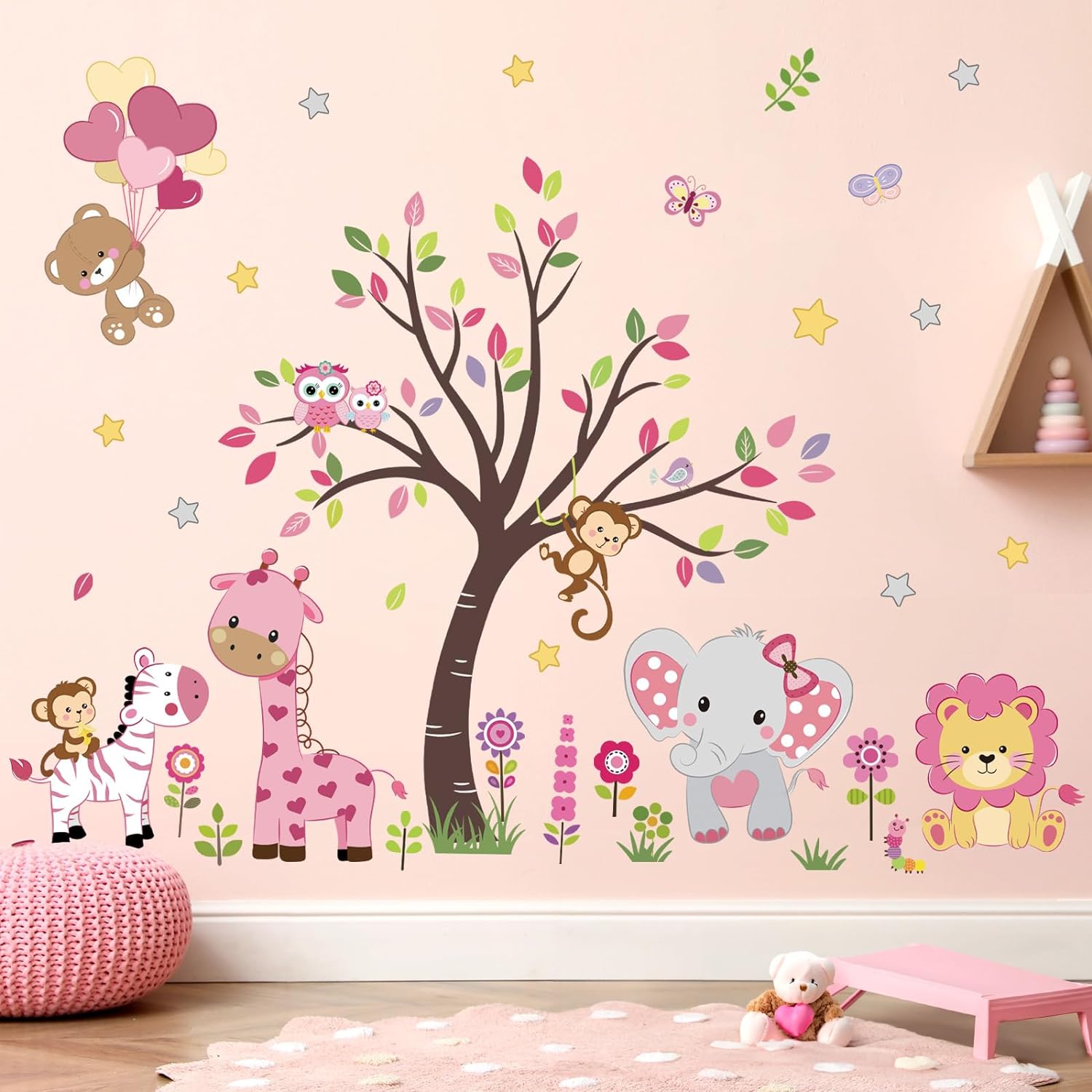 Pink Animal Tree Wall Decals Forest Lion Elephant Monkey Wall Stickers Girls Bedroom Baby Nursery Wall Decor