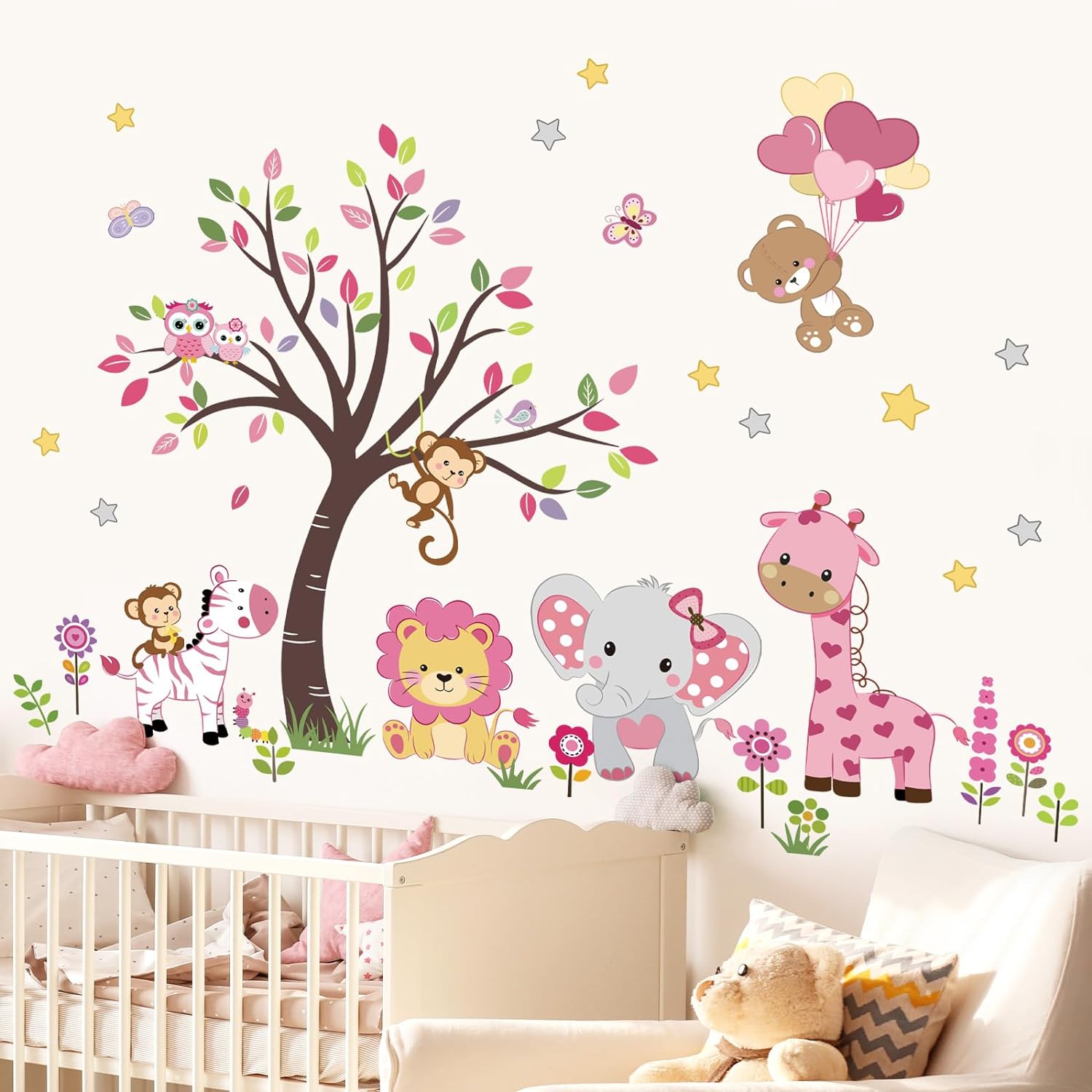 Pink Animal Tree Wall Decals Forest Lion Elephant Monkey Wall Stickers Girls Bedroom Baby Nursery Wall Decor