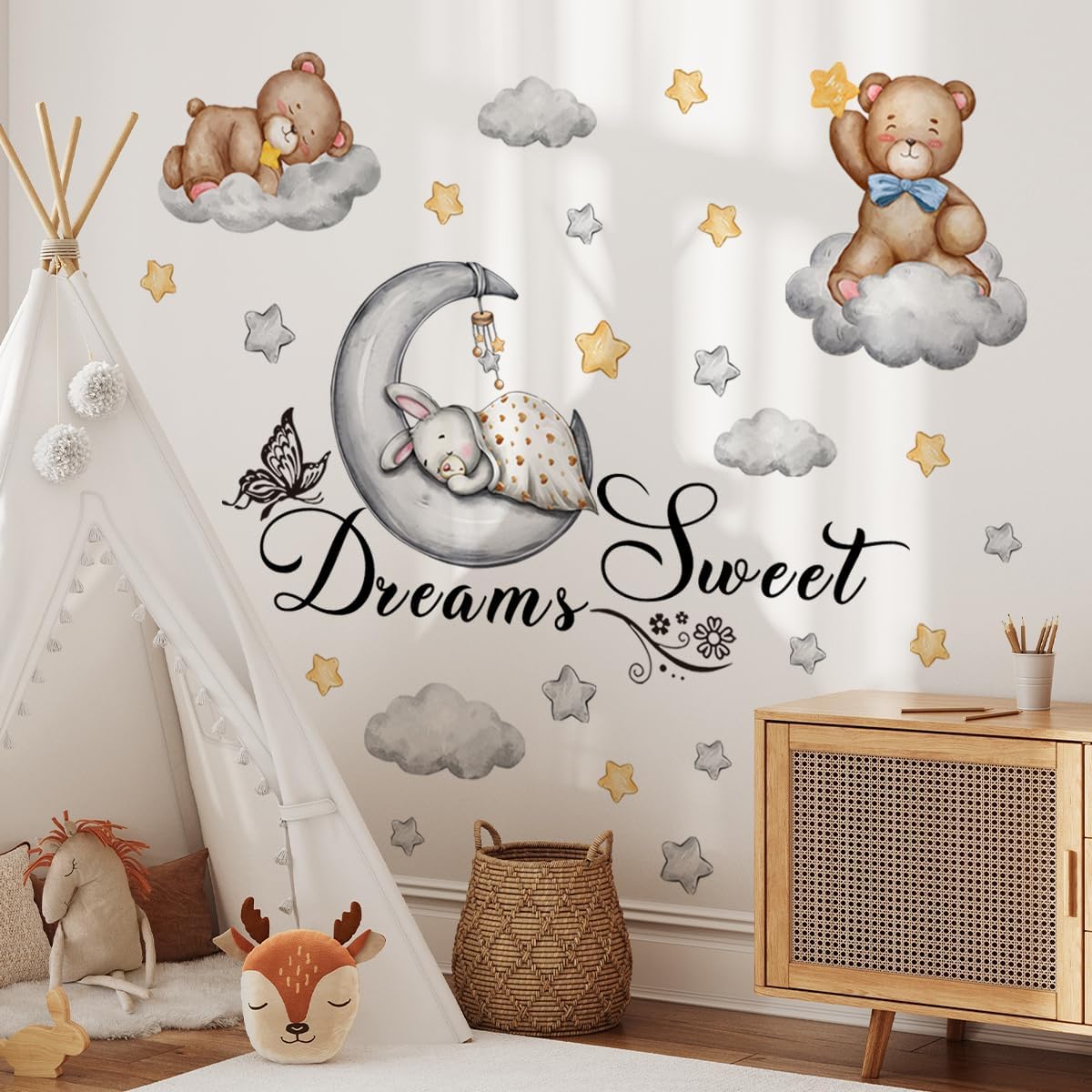 Lovely Bears and Rabbit Wall Stickers, Bunny Lies Down on The Moon and Sleeps Sweet Dreams Quotes Wall Decals, Bears Cloud Star Cartoon Wall Decors, DIY Art Wall Mural for Kids Bedroom, Nursery