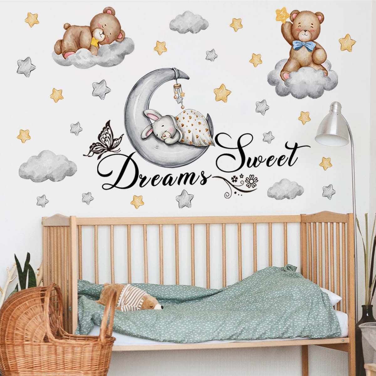 Lovely Bears and Rabbit Wall Stickers, Bunny Lies Down on The Moon and Sleeps Sweet Dreams Quotes Wall Decals, Bears Cloud Star Cartoon Wall Decors, DIY Art Wall Mural for Kids Bedroom, Nursery