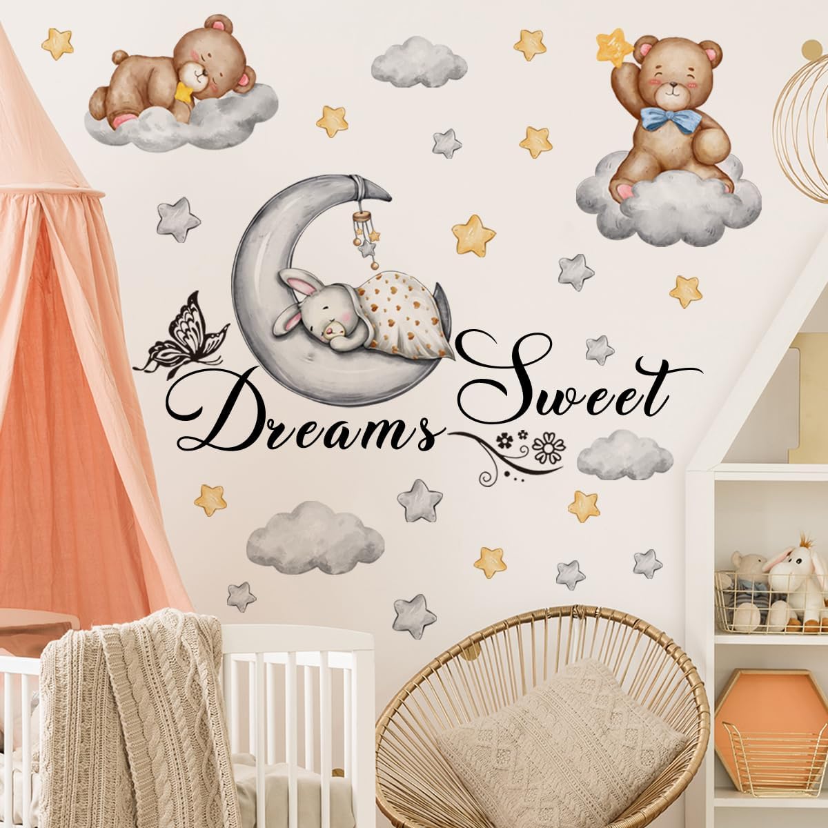 Lovely Bears and Rabbit Wall Stickers, Bunny Lies Down on The Moon and Sleeps Sweet Dreams Quotes Wall Decals, Bears Cloud Star Cartoon Wall Decors, DIY Art Wall Mural for Kids Bedroom, Nursery