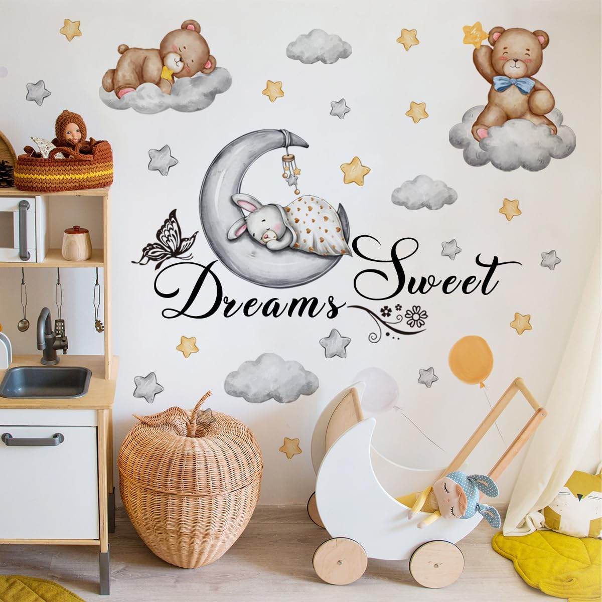 Lovely Bears and Rabbit Wall Stickers, Bunny Lies Down on The Moon and Sleeps Sweet Dreams Quotes Wall Decals, Bears Cloud Star Cartoon Wall Decors, DIY Art Wall Mural for Kids Bedroom, Nursery