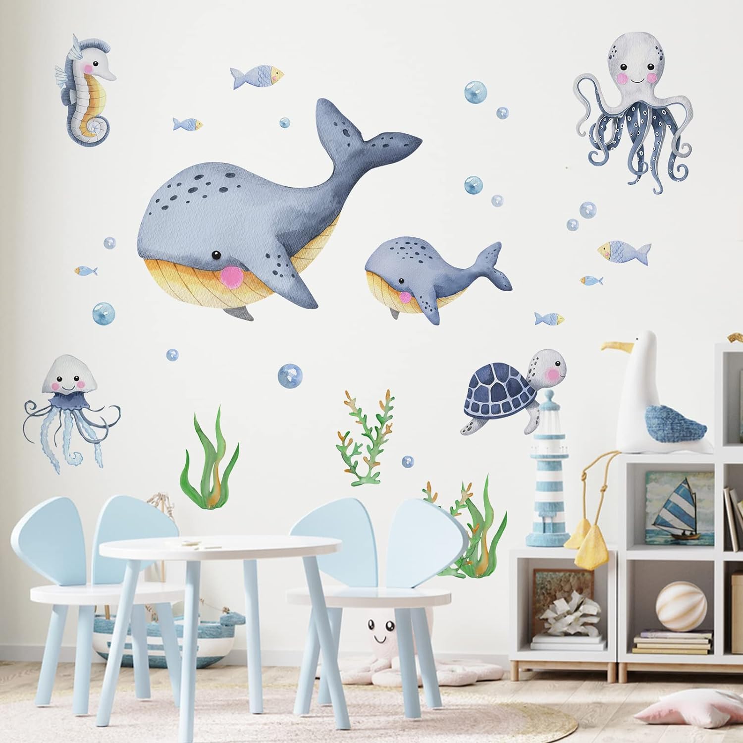 Mfault Under The Sea Whales Wall Decal Stickers, Coastal Ocean Hippocampus Octopus Turtle Fish Nursery Decoration Bedroom Bathroom Art, Marine Animal Beach Neutral Toddler Kids Baby Boys Room Decor
