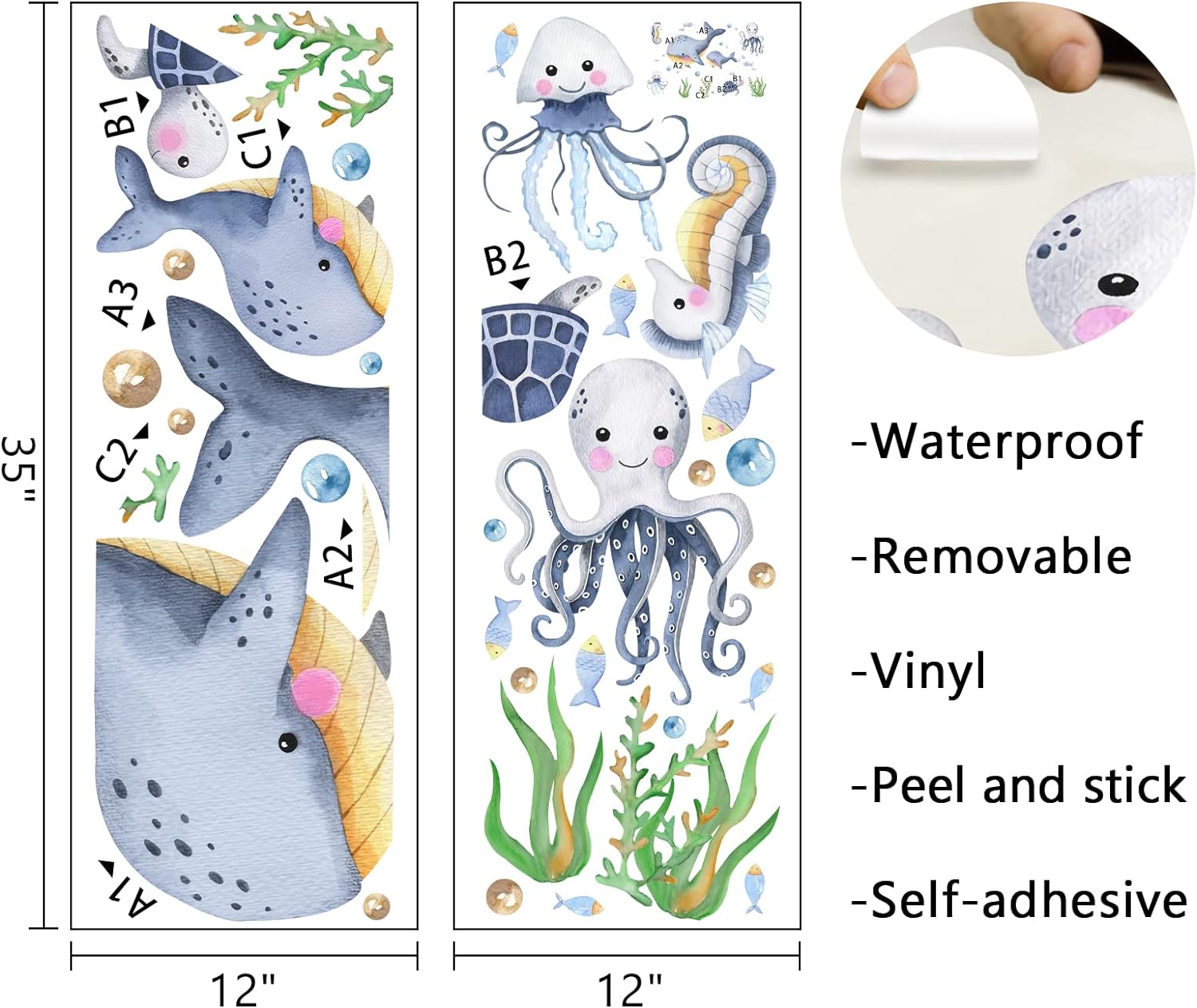Mfault Under The Sea Whales Wall Decal Stickers, Coastal Ocean Hippocampus Octopus Turtle Fish Nursery Decoration Bedroom Bathroom Art, Marine Animal Beach Neutral Toddler Kids Baby Boys Room Decor