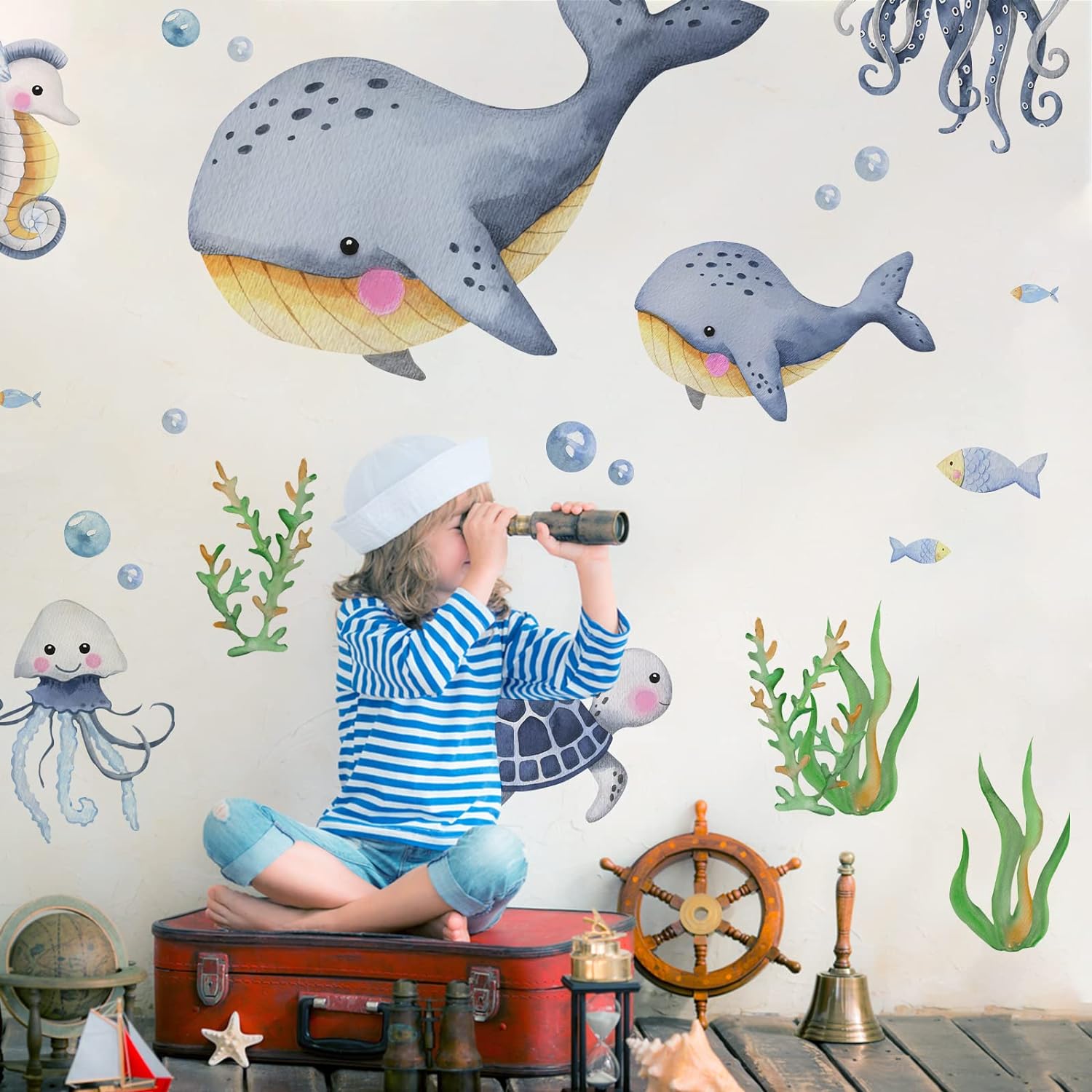 Mfault Under The Sea Whales Wall Decal Stickers, Coastal Ocean Hippocampus Octopus Turtle Fish Nursery Decoration Bedroom Bathroom Art, Marine Animal Beach Neutral Toddler Kids Baby Boys Room Decor
