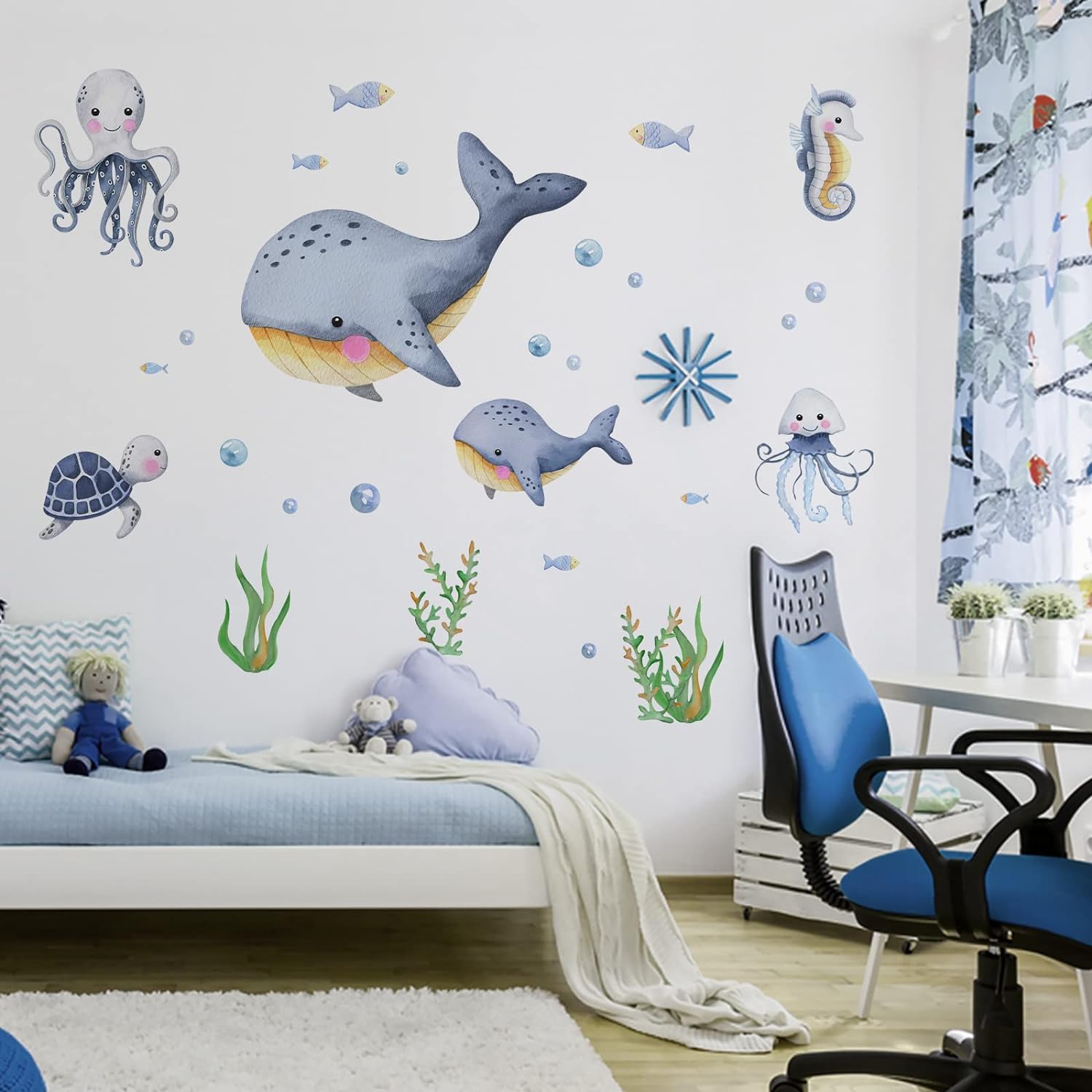 Mfault Under The Sea Whales Wall Decal Stickers, Coastal Ocean Hippocampus Octopus Turtle Fish Nursery Decoration Bedroom Bathroom Art, Marine Animal Beach Neutral Toddler Kids Baby Boys Room Decor
