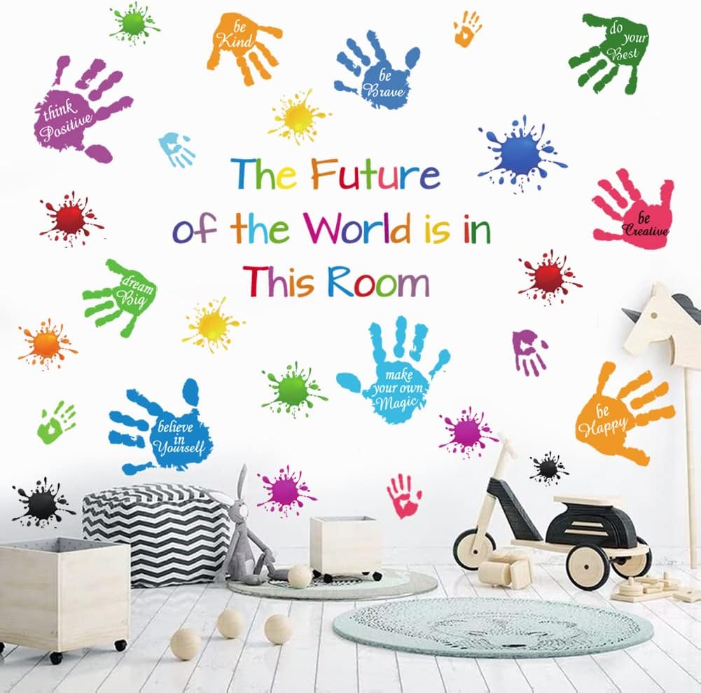 Colorful Inspirational Quotes Wall Stickers Vinyl Paint Splatter Handprint Wall Decals Motivational Lettering Positive Saying Wall Art Sticker for Kids Bedroom Playroom Classroom Nursery Room Decor.