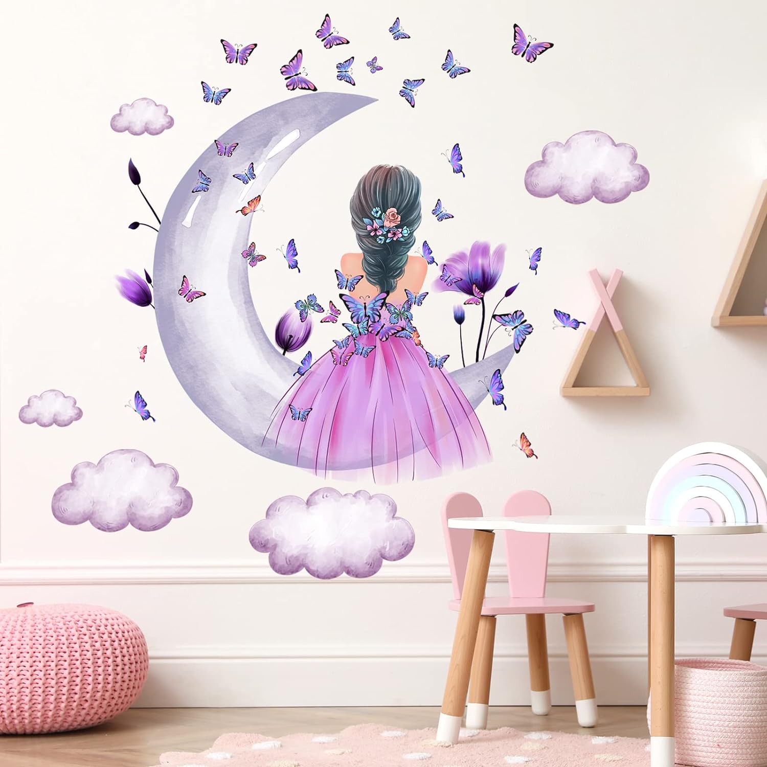Aurbhosa Purple Butterfly Wall Decals, Waterproof Vinyl Stickers for Girls Nursery Bedroom Playroom, 2 Sheets, Moon Cloud Floral Insect Decor