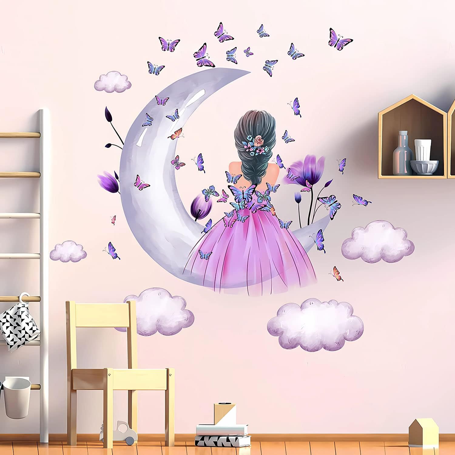 Aurbhosa Purple Butterfly Wall Decals, Waterproof Vinyl Stickers for Girls Nursery Bedroom Playroom, 2 Sheets, Moon Cloud Floral Insect Decor
