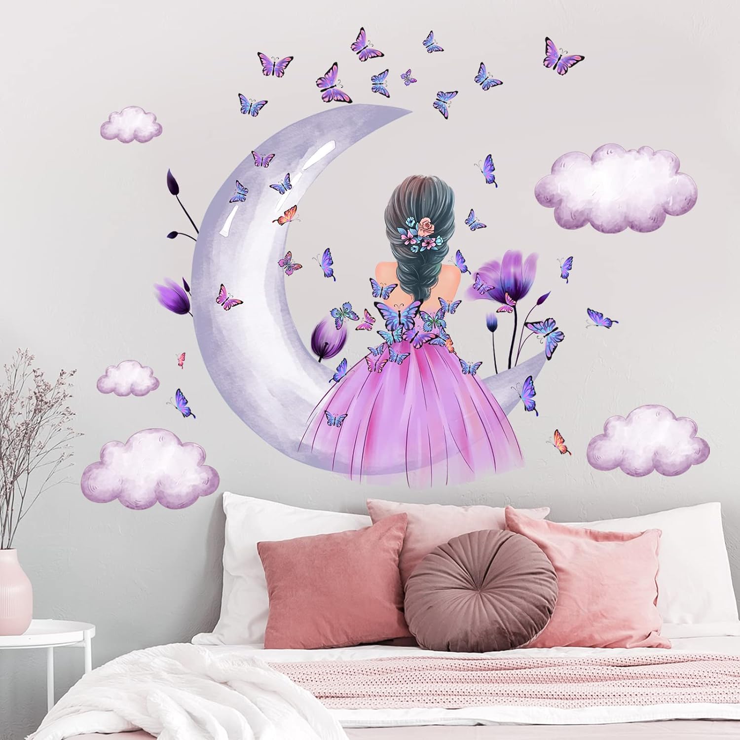 Aurbhosa Purple Butterfly Wall Decals, Waterproof Vinyl Stickers for Girls Nursery Bedroom Playroom, 2 Sheets, Moon Cloud Floral Insect Decor