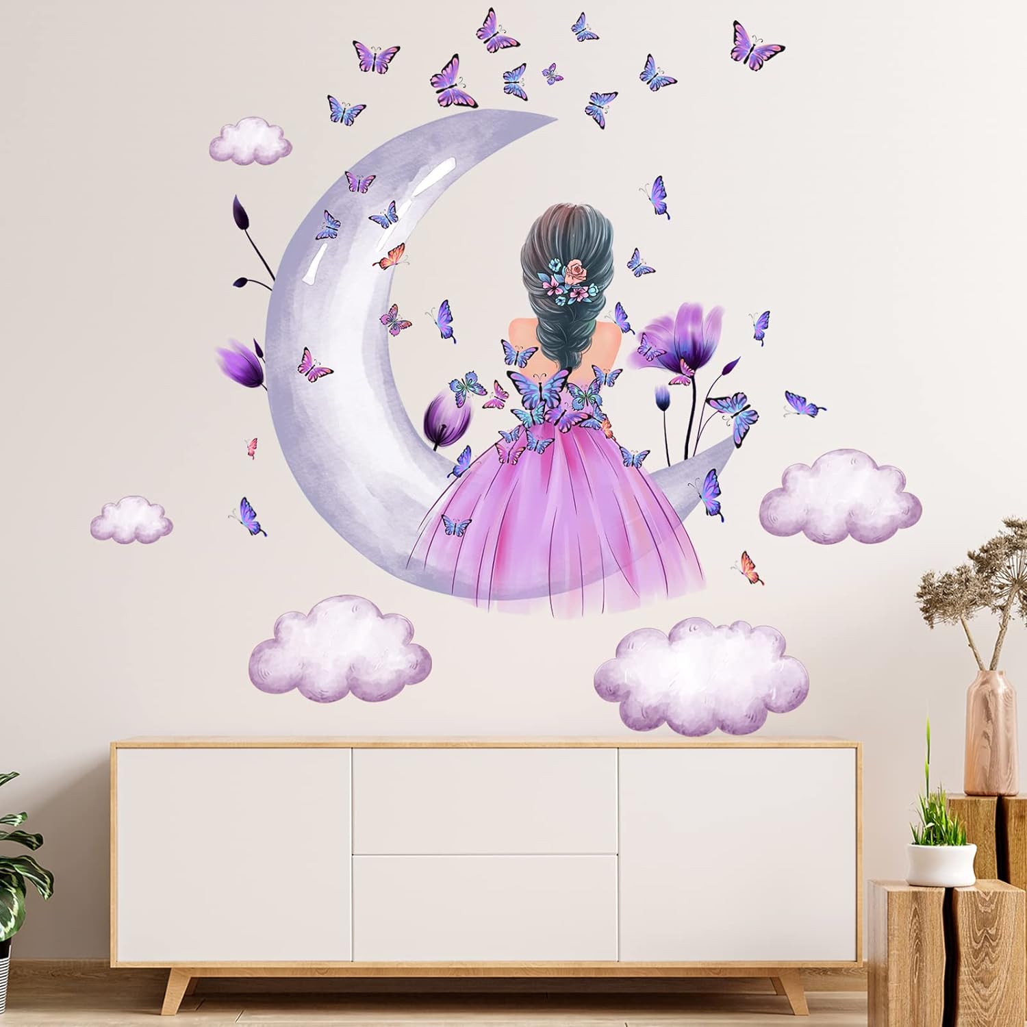 Aurbhosa Purple Butterfly Wall Decals, Waterproof Vinyl Stickers for Girls Nursery Bedroom Playroom, 2 Sheets, Moon Cloud Floral Insect Decor