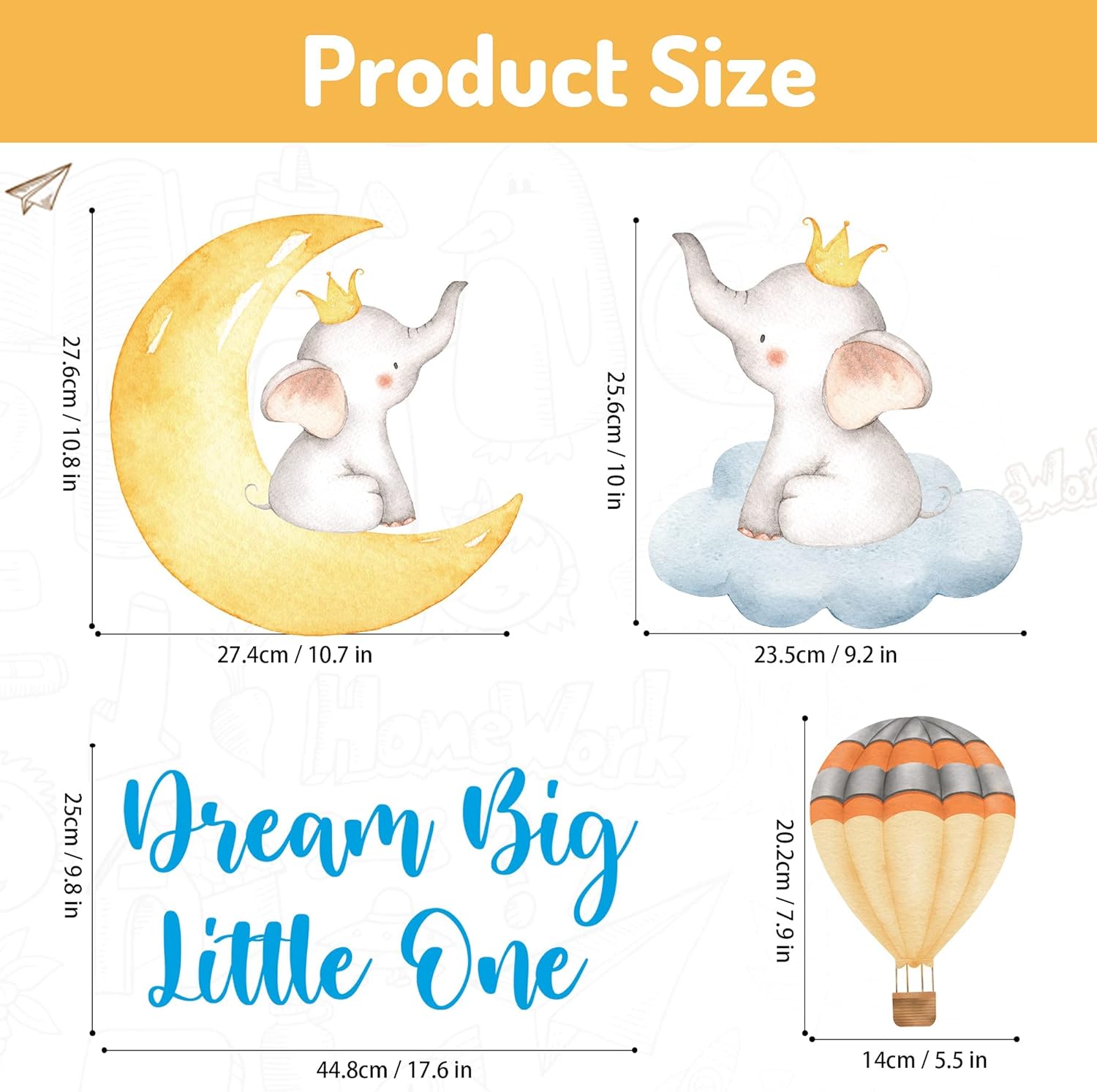 Elephant Wall Stickers Glow in The Dark Elephant Decal Baby Dream Big Little One Boy Nursery Room Wall Decor Quote Wall Stickers Large Watercolor Animal Decal for Kids Girl Bedroom Playroom Wall Decor