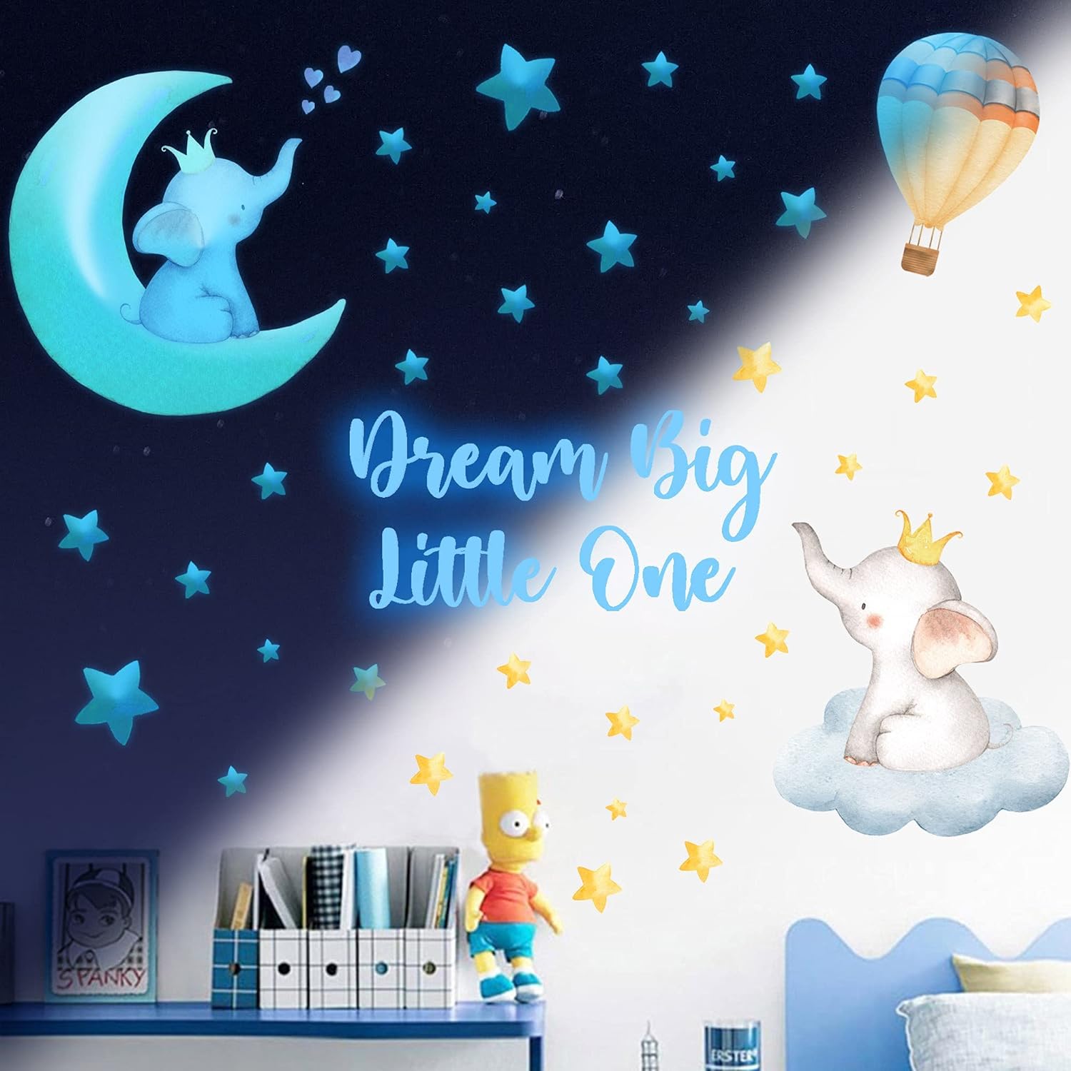 Elephant Wall Stickers Glow in The Dark Elephant Decal Baby Dream Big Little One Boy Nursery Room Wall Decor Quote Wall Stickers Large Watercolor Animal Decal for Kids Girl Bedroom Playroom Wall Decor
