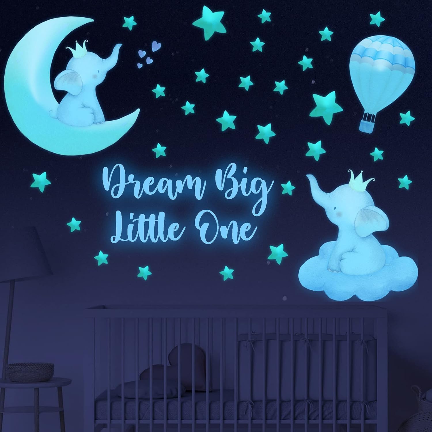 Elephant Wall Stickers Glow in The Dark Elephant Decal Baby Dream Big Little One Boy Nursery Room Wall Decor Quote Wall Stickers Large Watercolor Animal Decal for Kids Girl Bedroom Playroom Wall Decor