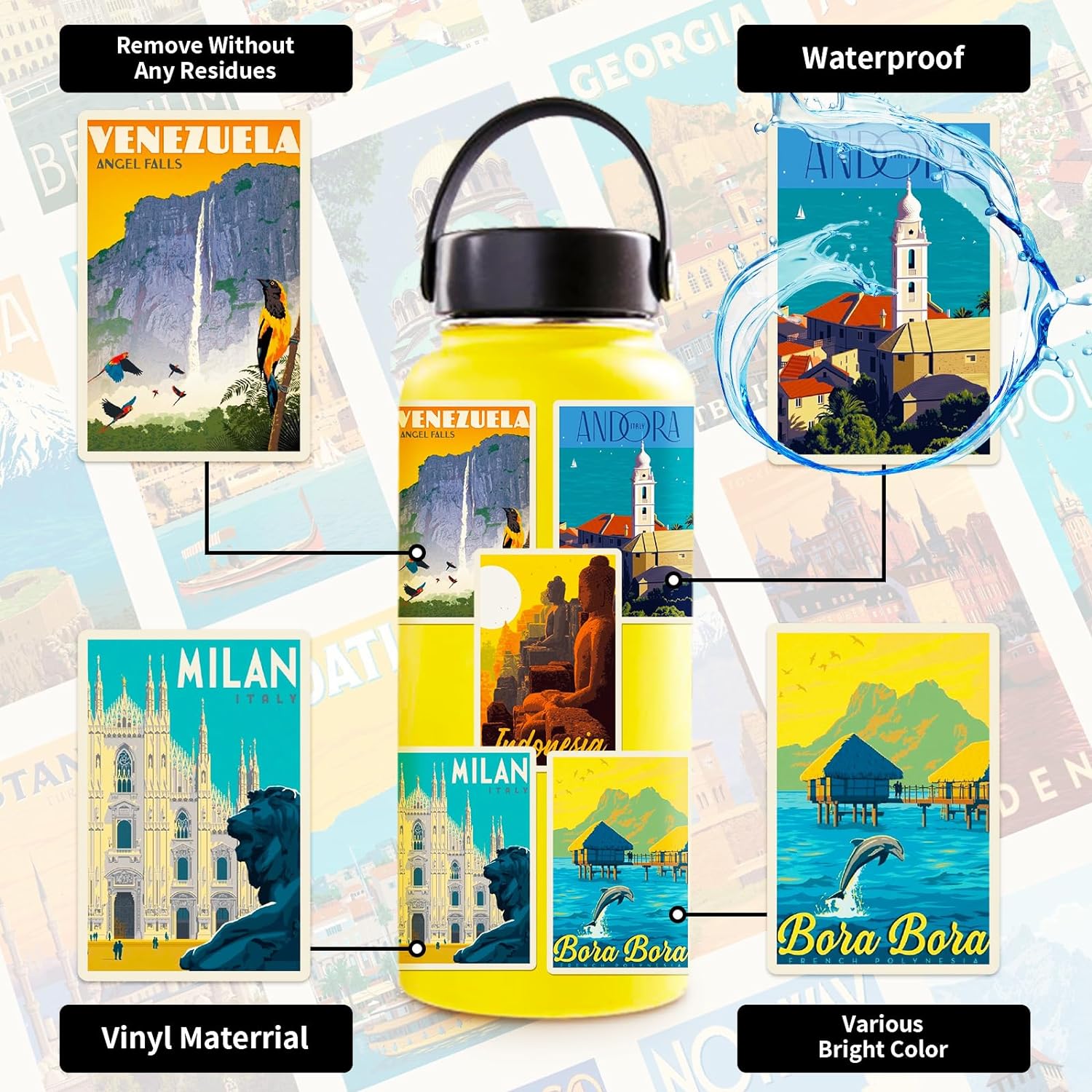 World-Famous Landmarks Travel Stickers 100PCS Waterproof Sticker Set(4Sheets/25Pcs) Water Bottle Stickers for Laptop Bikes Scrapbook Journal Teens Adults Girls and Boys Kids Luggage Stickers Pack