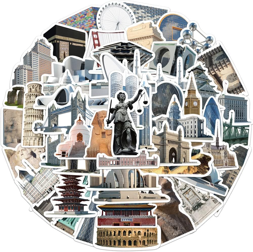 World Travel Famous Architecture Stickers for Luggage, 65PCS Vinyl Waterproof Stickers Pack for Water Bottle, Laptop, Bicycle, Suitcase, Scrapbook, Famous Landmark Buildings Decals