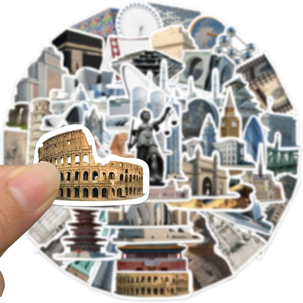 World Travel Famous Architecture Stickers for Luggage, 65PCS Vinyl Waterproof Stickers Pack for Water Bottle, Laptop, Bicycle, Suitcase, Scrapbook, Famous Landmark Buildings Decals