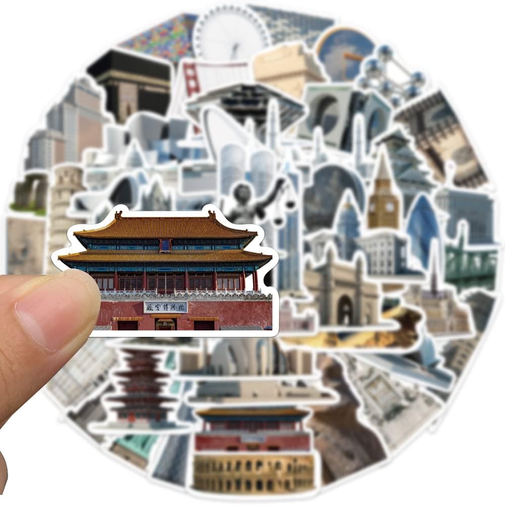 World Travel Famous Architecture Stickers for Luggage, 65PCS Vinyl Waterproof Stickers Pack for Water Bottle, Laptop, Bicycle, Suitcase, Scrapbook, Famous Landmark Buildings Decals
