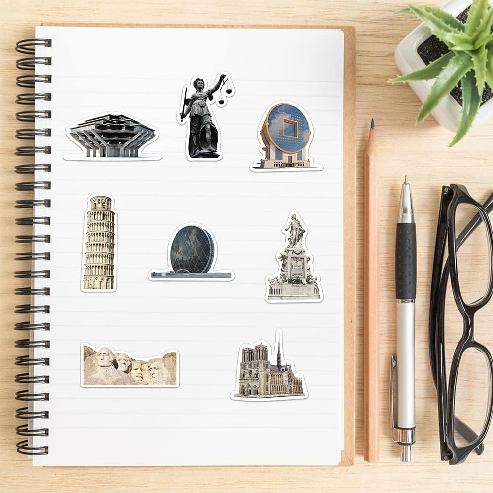 World Travel Famous Architecture Stickers for Luggage, 65PCS Vinyl Waterproof Stickers Pack for Water Bottle, Laptop, Bicycle, Suitcase, Scrapbook, Famous Landmark Buildings Decals